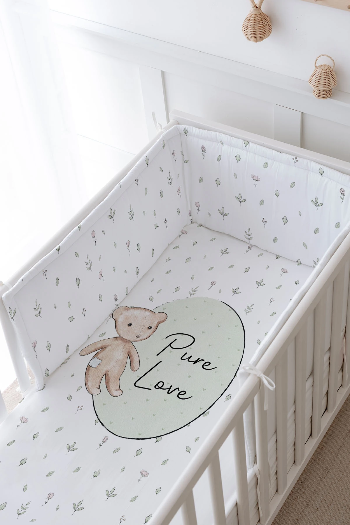 Bebek Başucu Koruyucu ve Baskılı Çarşaflı Uyku Seti - For Baby Serisi - Retro Oyuncak Ayı