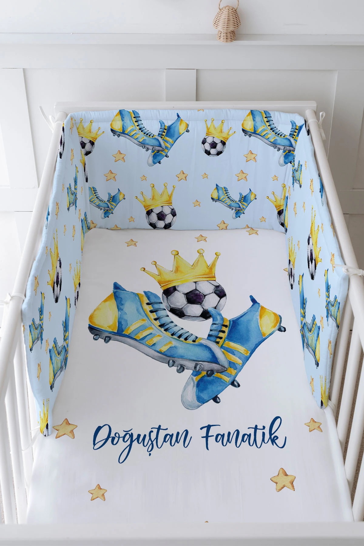 Bebek Başucu Koruyucu Ve Baskılı Çarşaflı Uyku Seti - For Baby Serisi - Sarı Lacivert