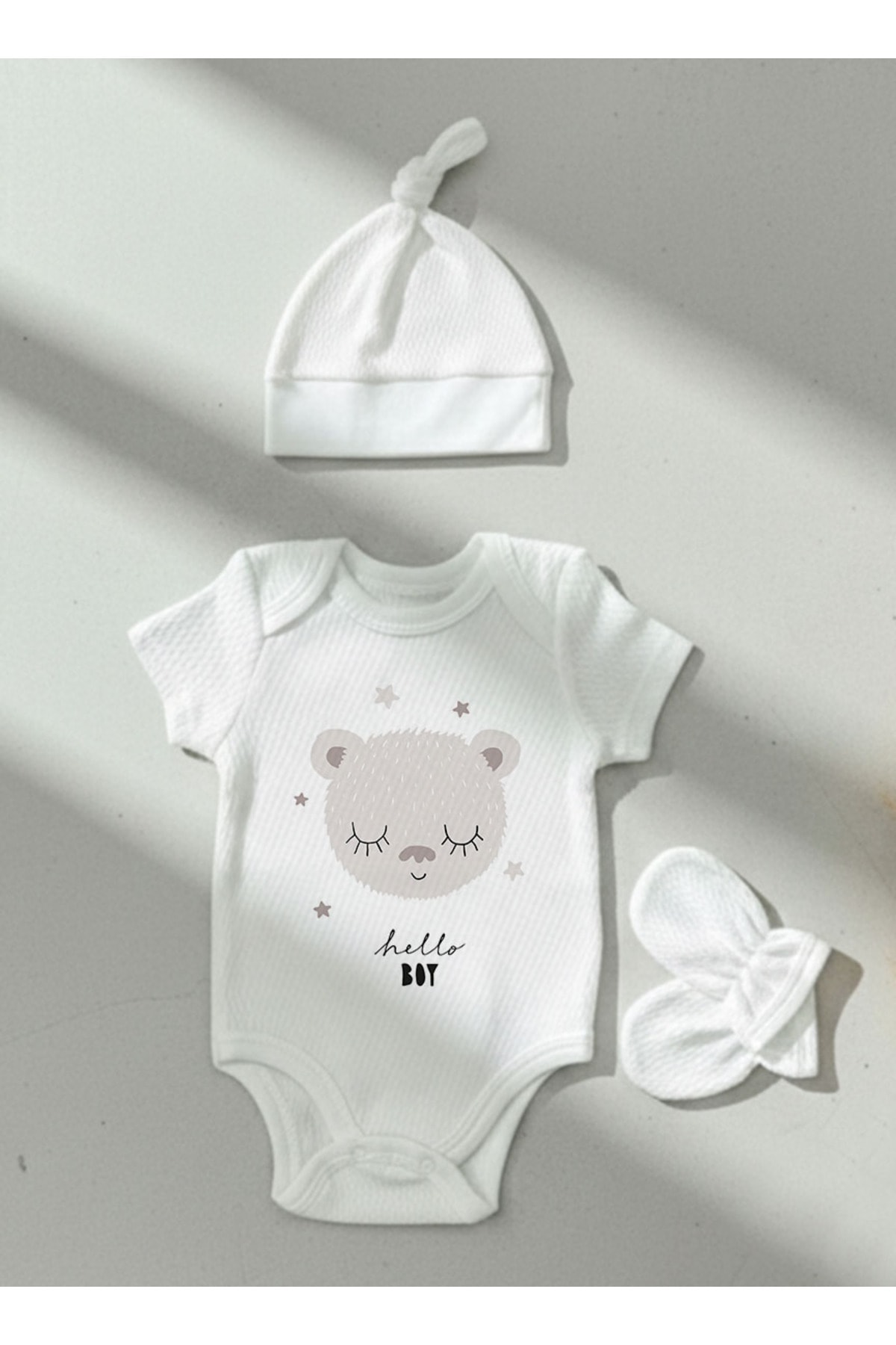 Jakarlı Body Şapka Eldiven - Pure Baby - Kız Bebek Ayıcık
