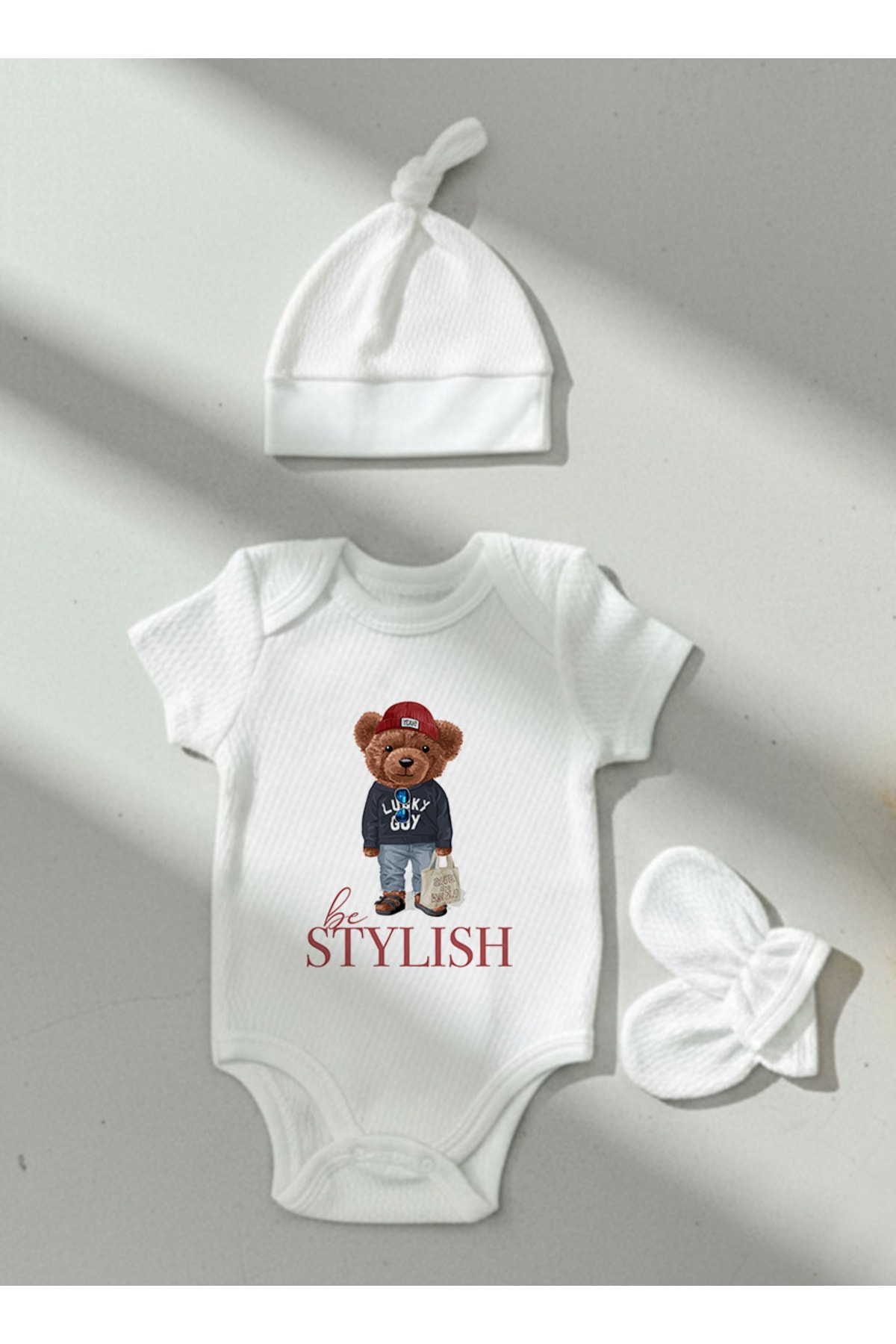 Jakarlı Body Şapka Eldiven - Pure Baby - Sportmen Ayıcık