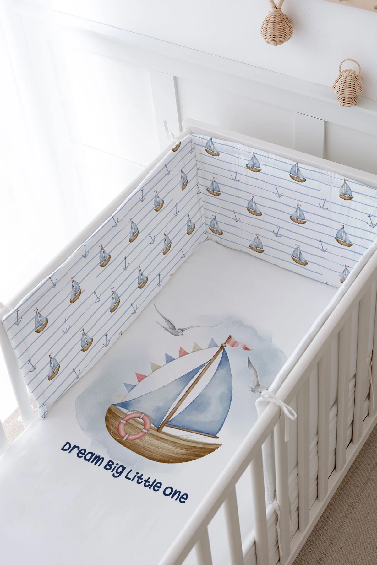 Bebek Başucu Koruyucu ve Baskılı Çarşaflı Uyku Seti - For Baby Serisi - Little Sailor