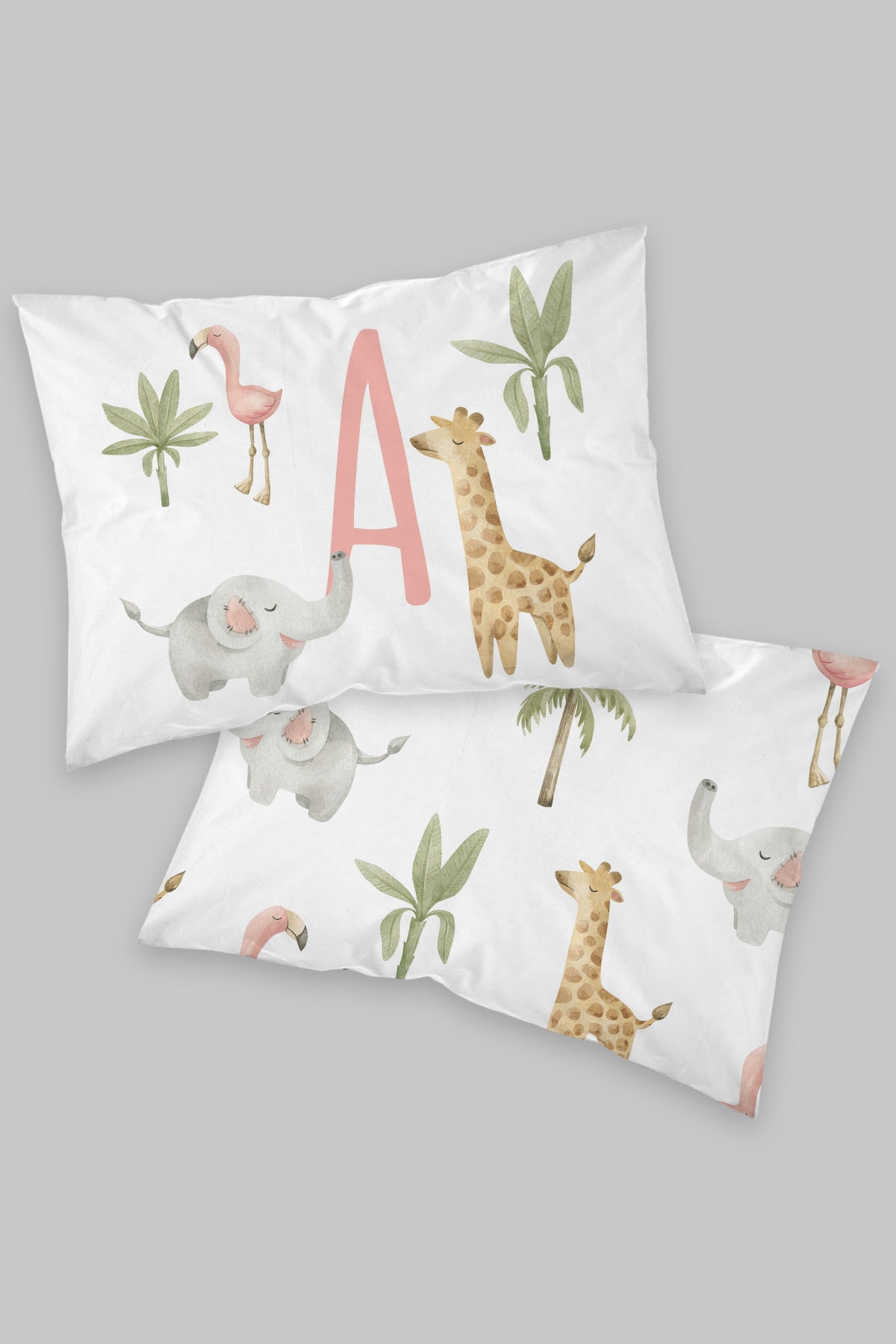 2'li Yastık Kılıfı - Pembe Safari Hayvanlar- Harf Serisi - A Harfi