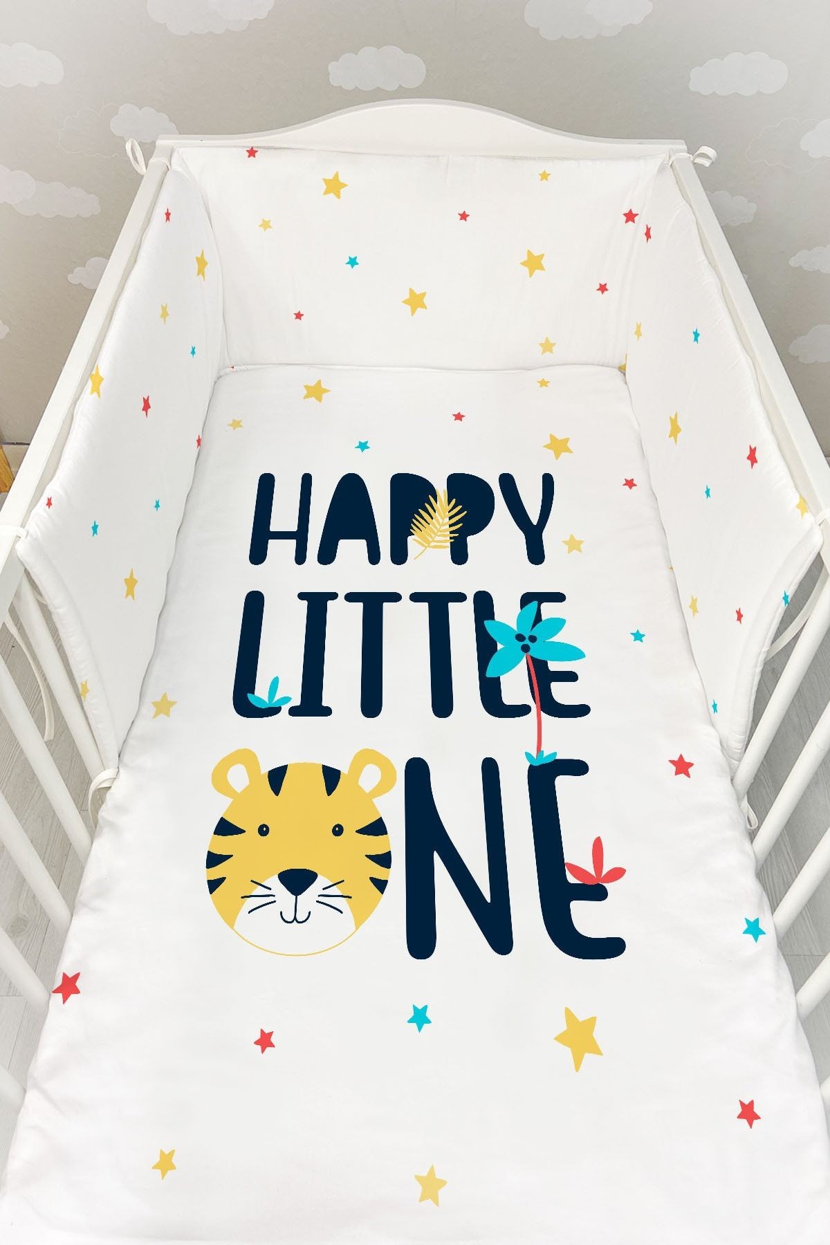 Bebek Başucu Koruyucu ve Baskılı Çarşaflı Uyku Seti - Pure Baby Serisi - Happy Lion