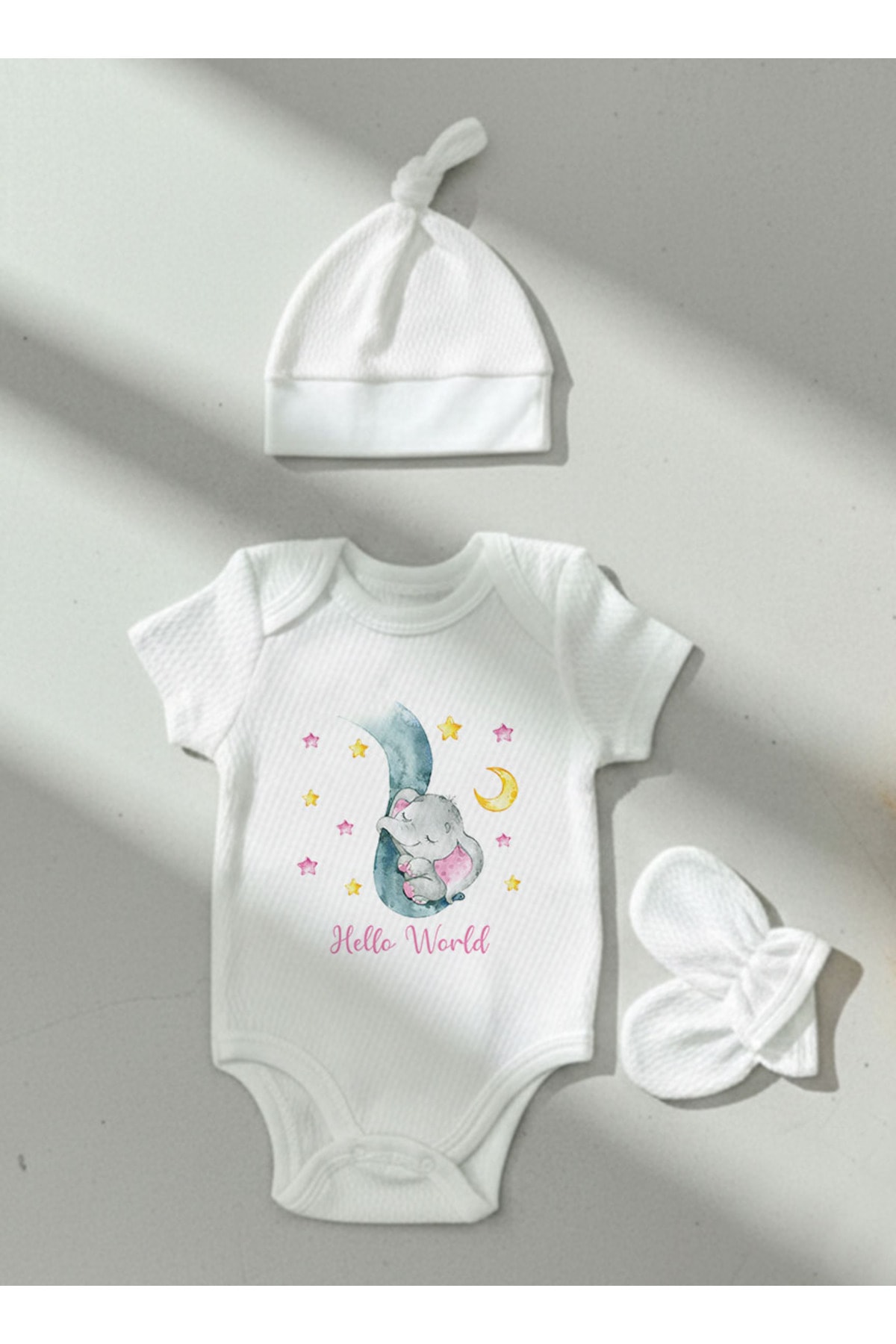 Jakarlı Body Şapka Eldiven - For Baby - Uyuyan Fil Pembe