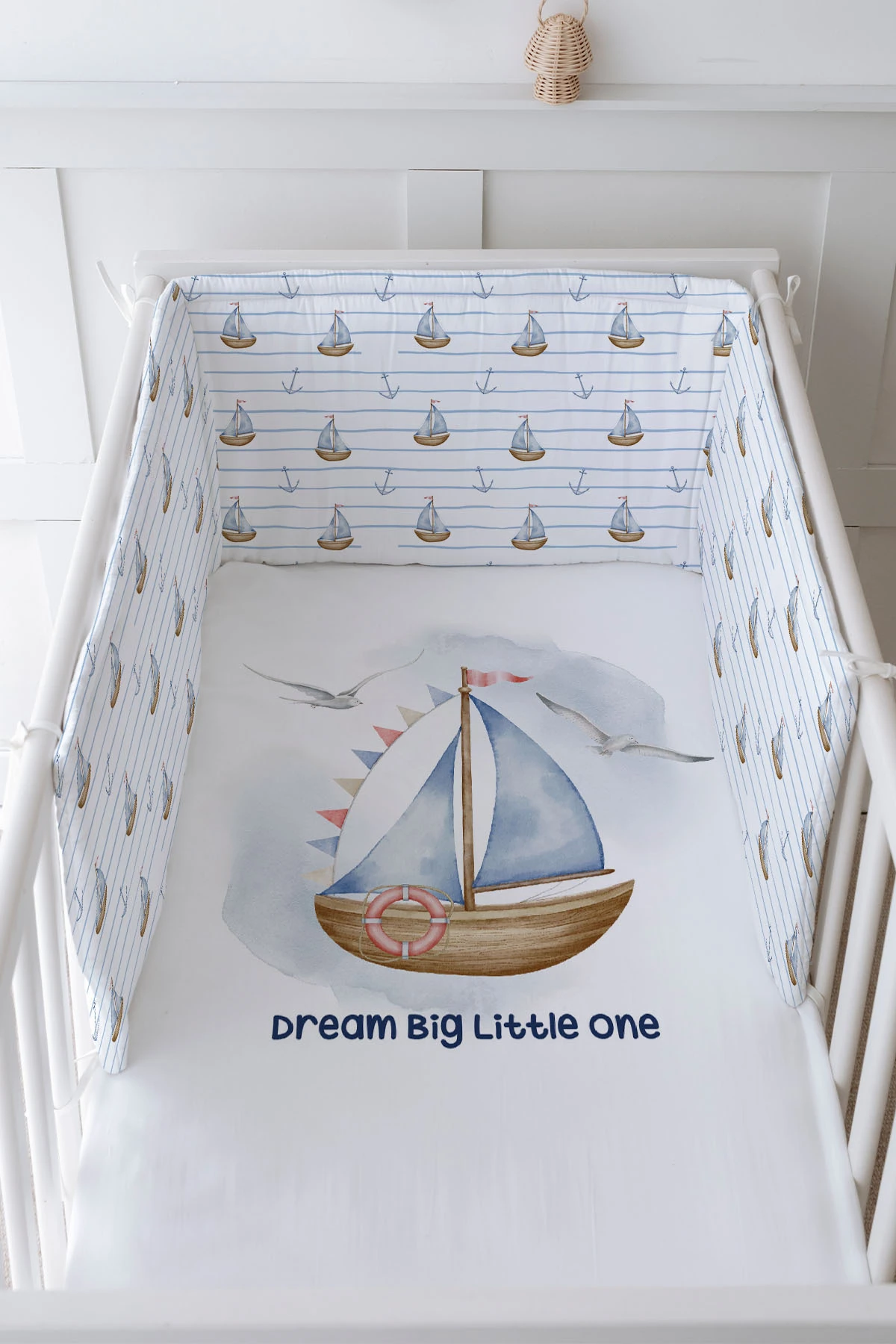 Bebek Başucu Koruyucu ve Baskılı Çarşaflı Uyku Seti - For Baby Serisi - Little Sailor
