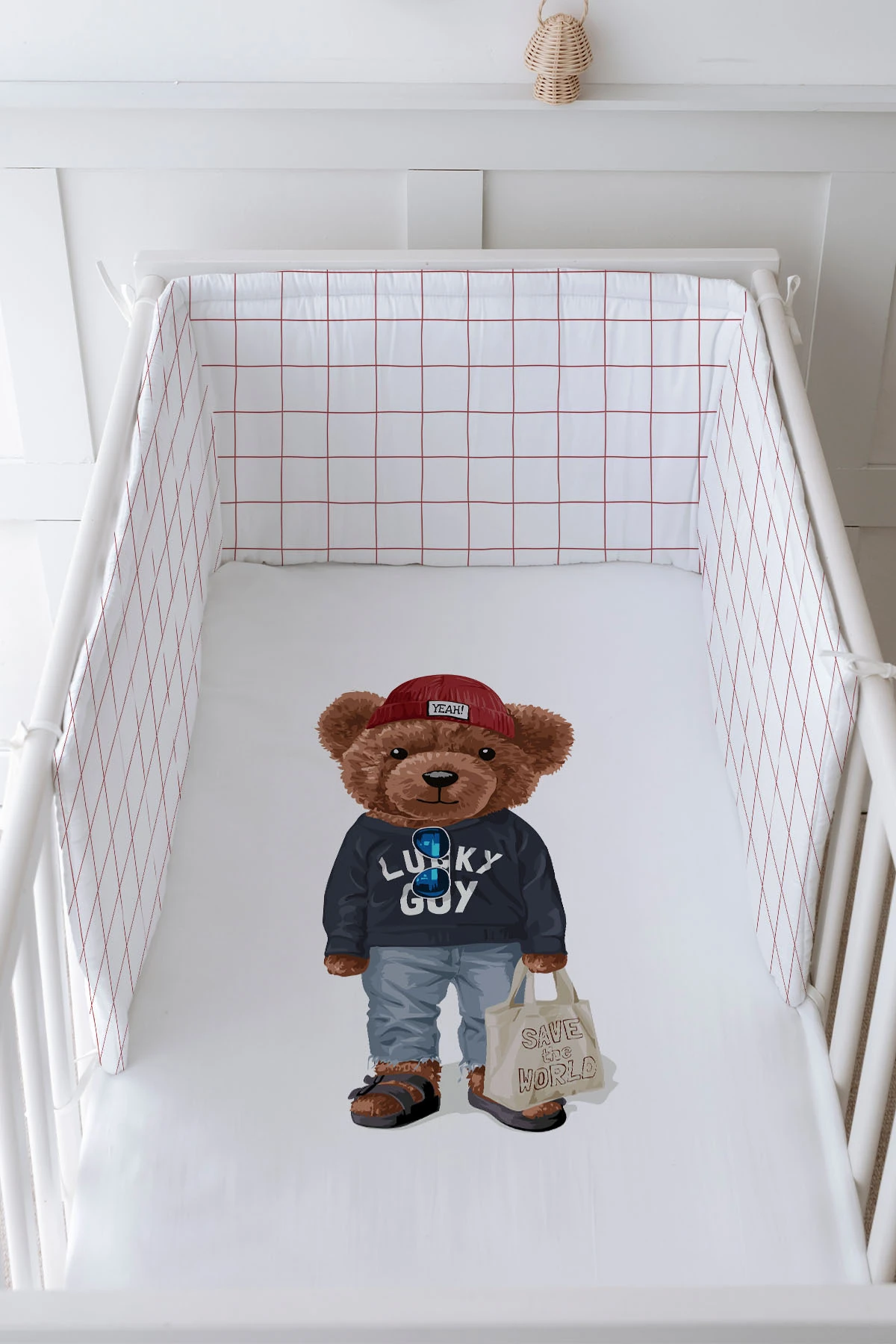 Bebek Başucu Koruyucu Ve Baskılı Çarşaflı Uyku Seti - Pure Baby Serisi - Sportmen Ayıcık