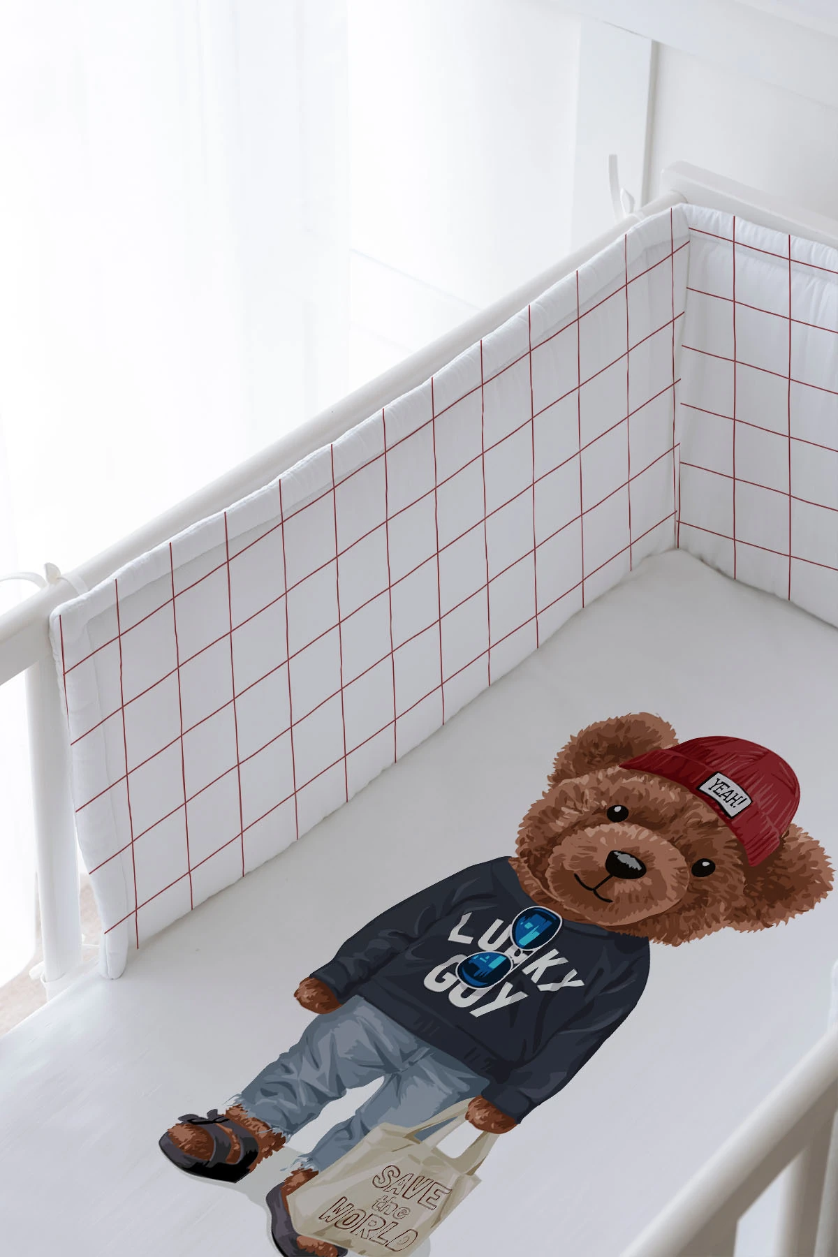 Bebek Başucu Koruyucu Ve Baskılı Çarşaflı Uyku Seti - Pure Baby Serisi - Sportmen Ayıcık