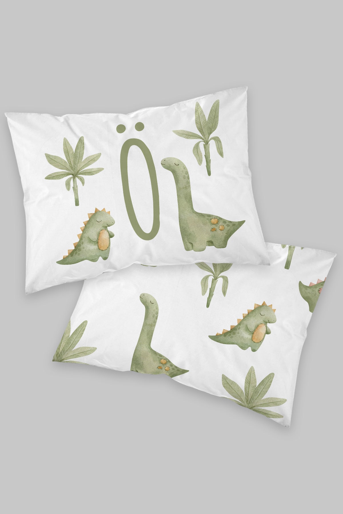 2'li Yastık Kılıfı - Yeşil Dinazorlu - Harf Serisi - Ö Harfi