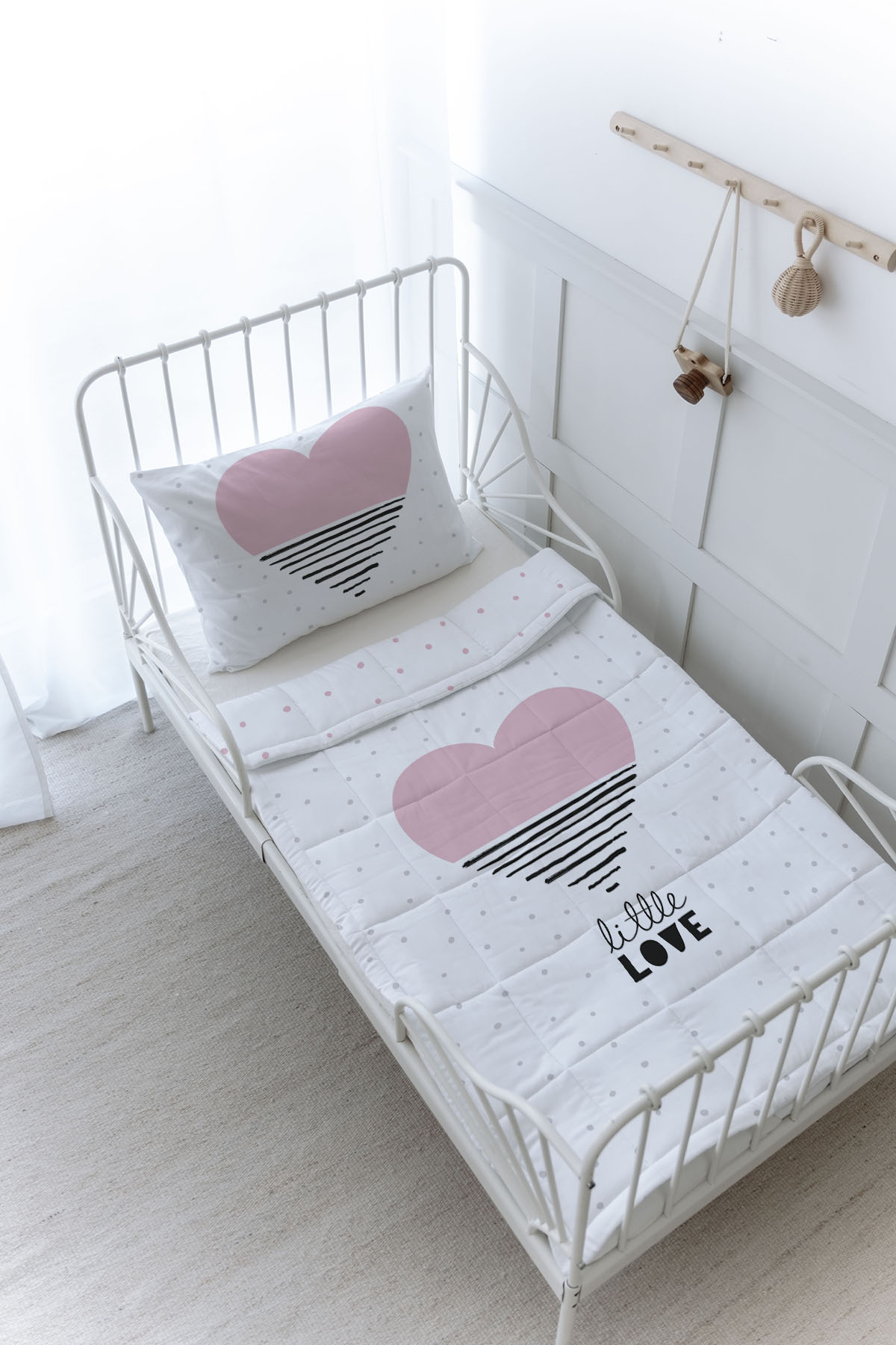 Organik Baskılı Yorgan Seti - Pure Baby Serisi - Pembe Çizgili Kalp