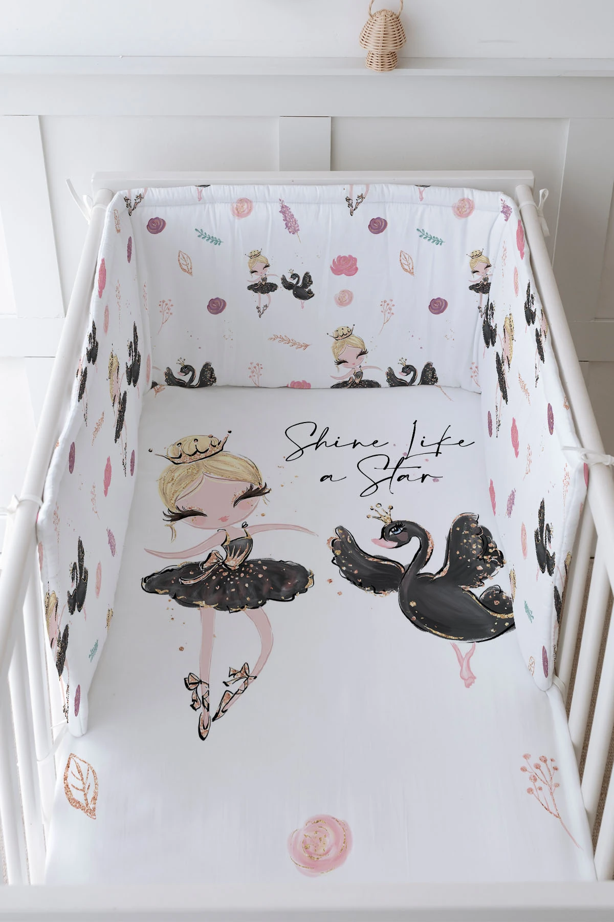 Bebek Başucu Koruyucu ve Baskılı Çarşaflı Uyku Seti - For Baby Serisi - Siyah Tütülü Balerin