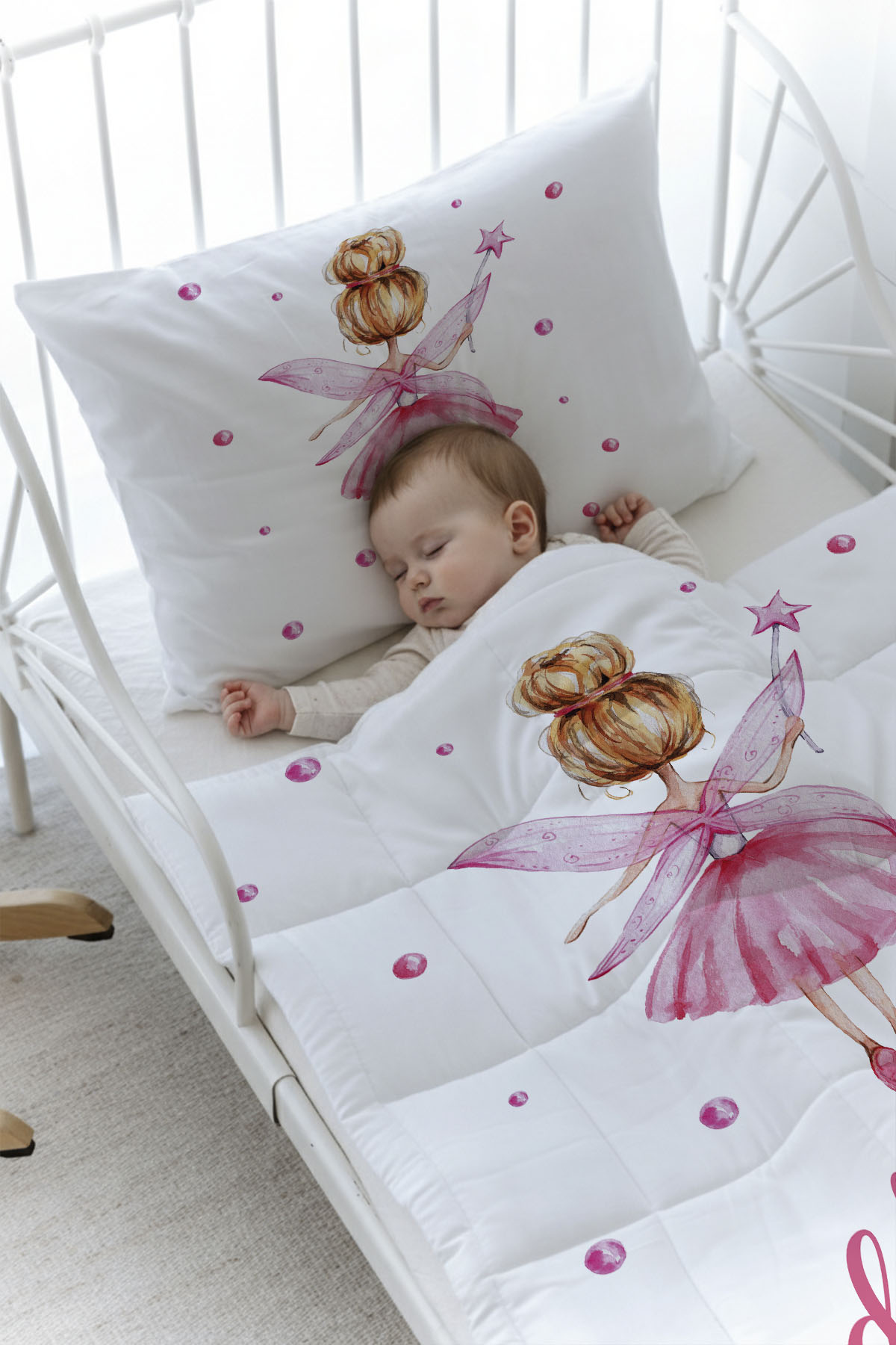 Organik Baskılı Yorgan Seti - For Baby Serisi - Topuzlu Pembe Peri