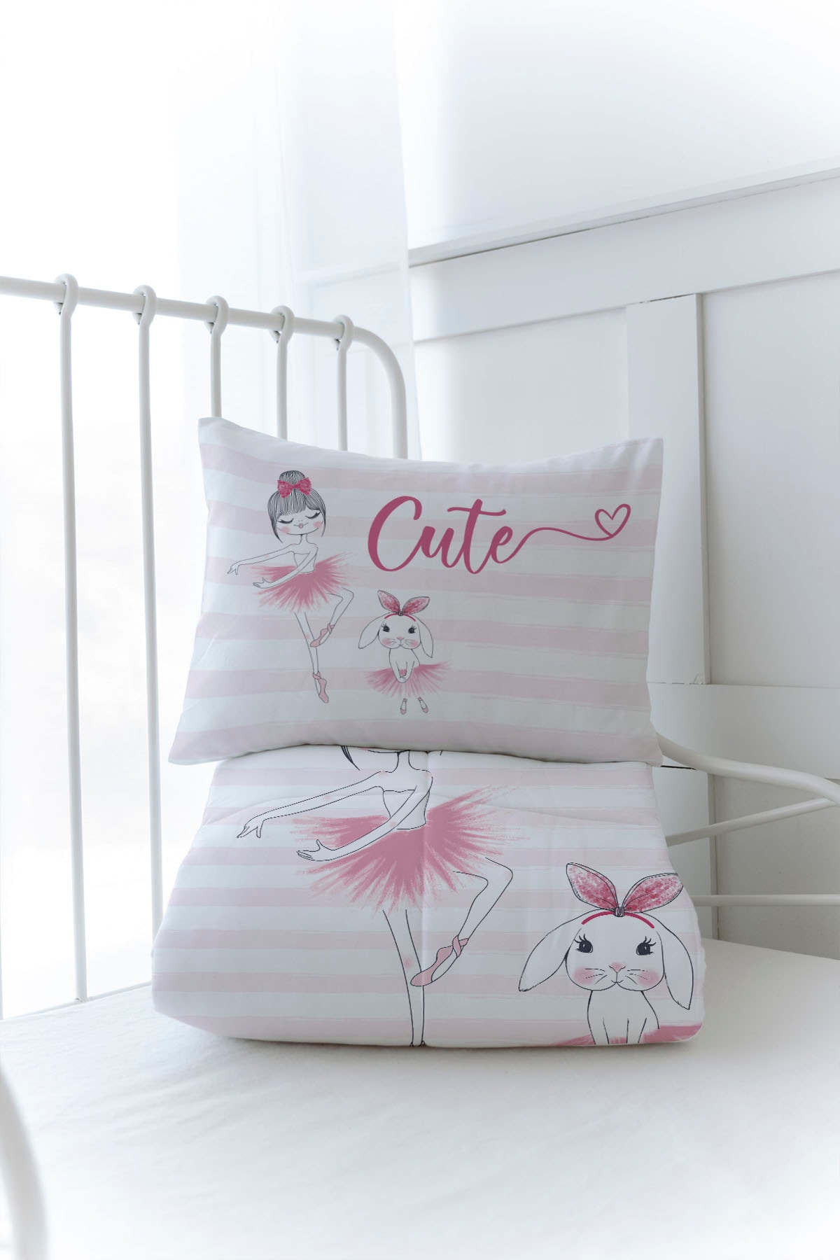 Organik Baskılı Yorgan Seti - For Baby Serisi - Balerin ve Tavşan ve Kız