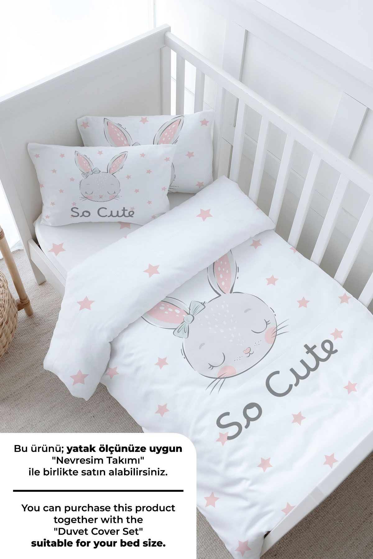 Bebek Boy Lastikli Çarşaf Seti - For Baby Serisi - Pembe Kulaklı Tavşan