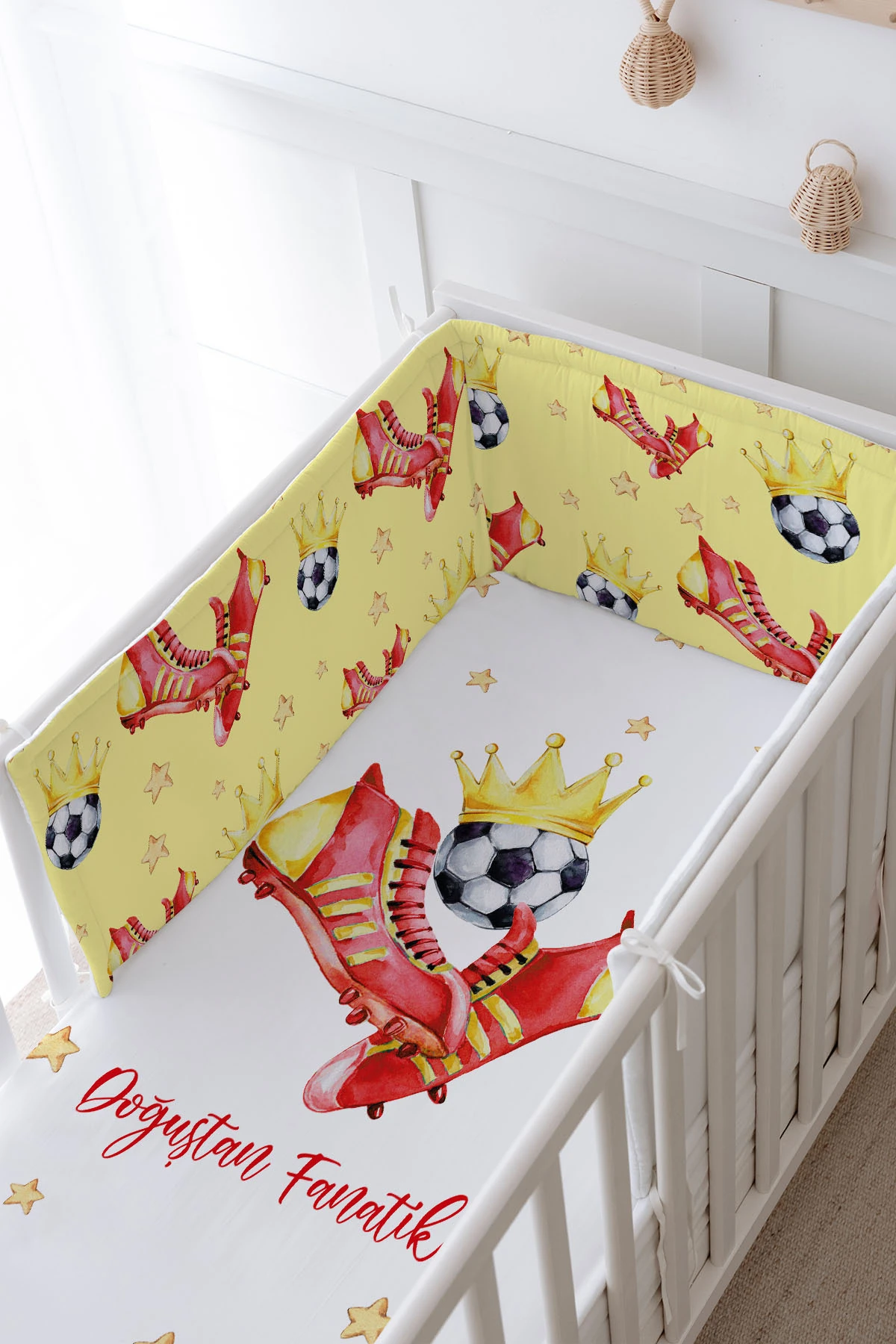 Bebek Başucu Koruyucu Ve Baskılı Çarşaflı Uyku Seti - For Baby Serisi - Sarı Kırmızı