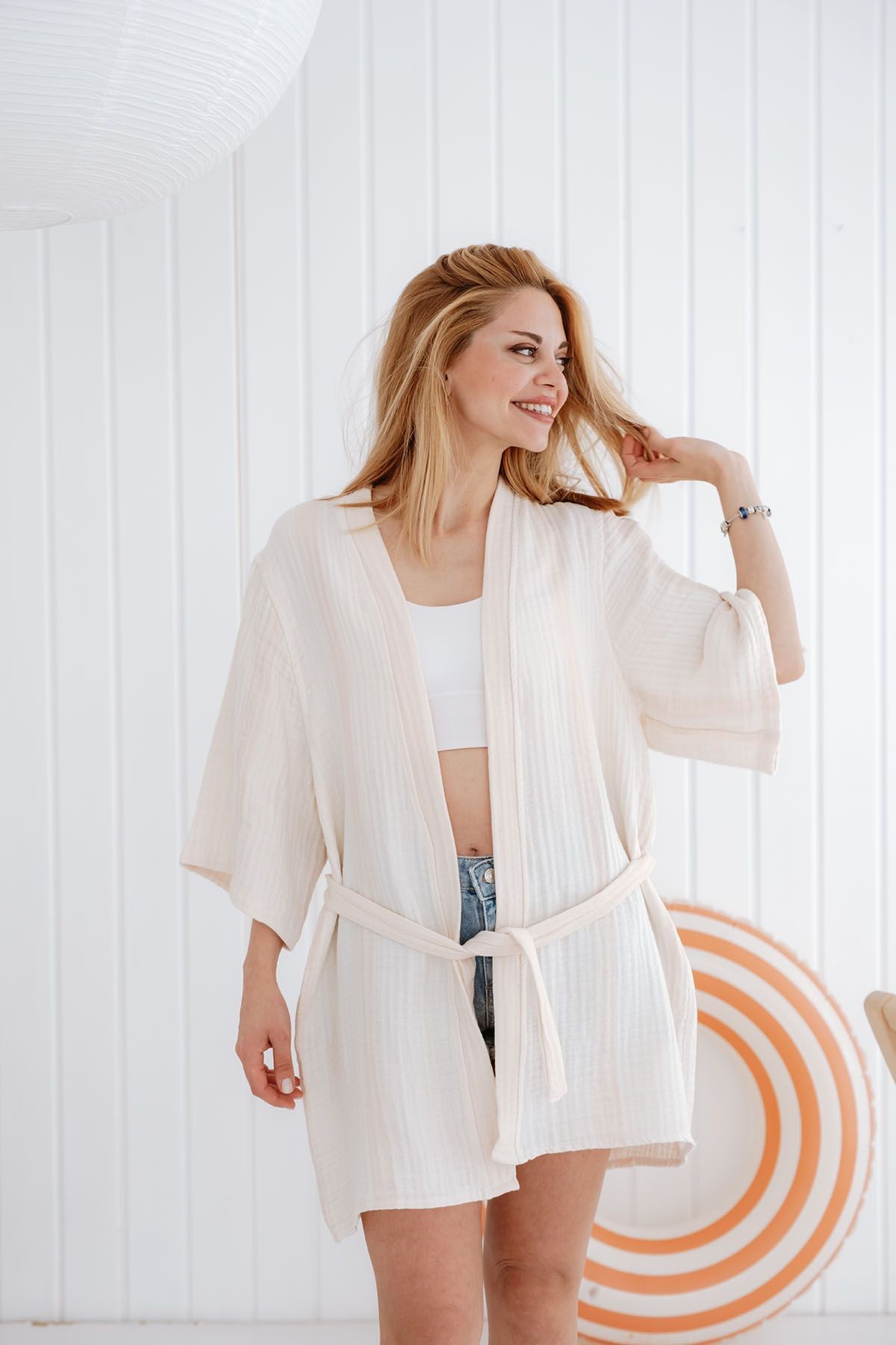 4 Kat Müslin Kimono - Pudra