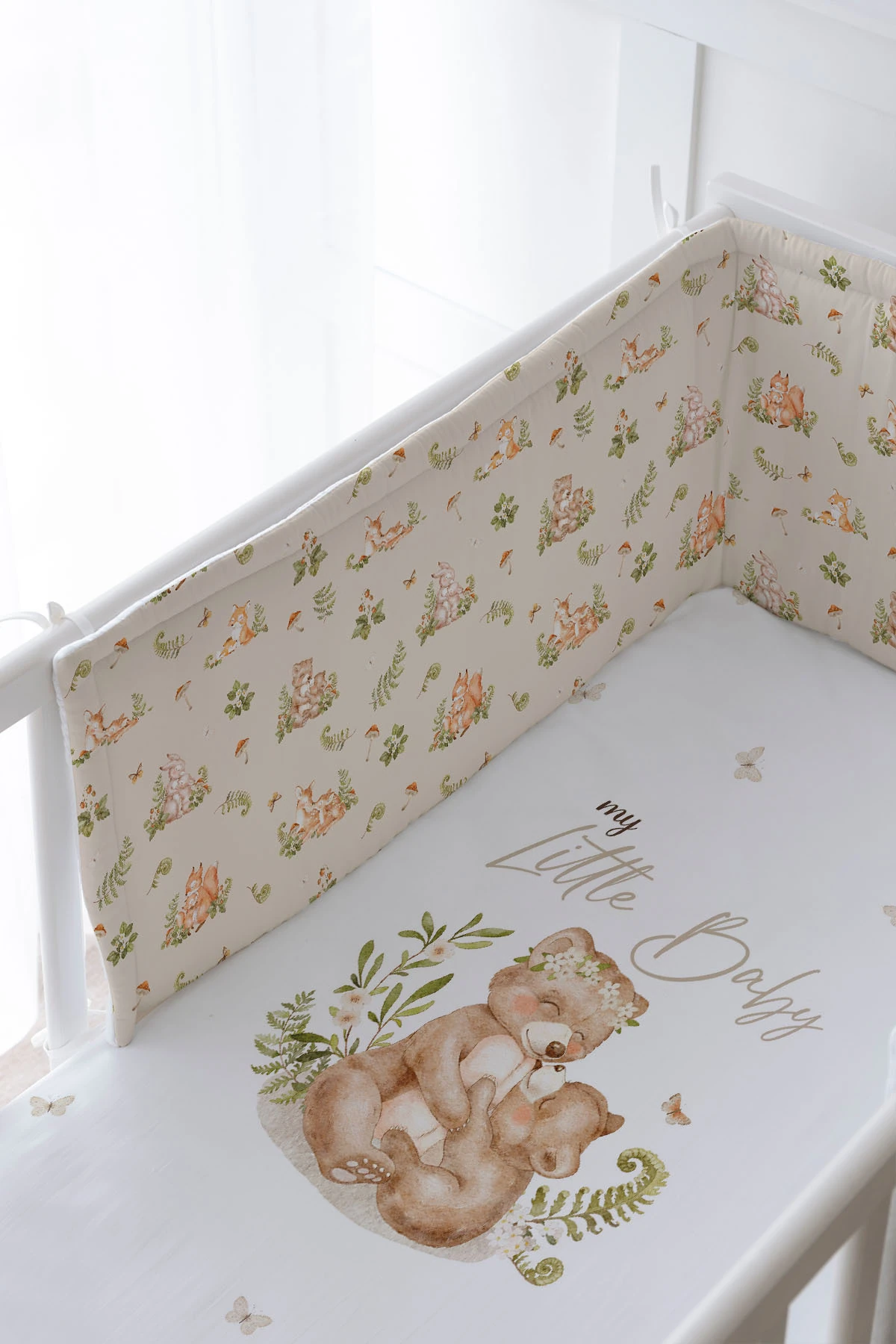 Bebek Başucu Koruyucu ve Baskılı Çarşaflı Uyku Seti - For Baby Serisi - Mom And Baby Bear