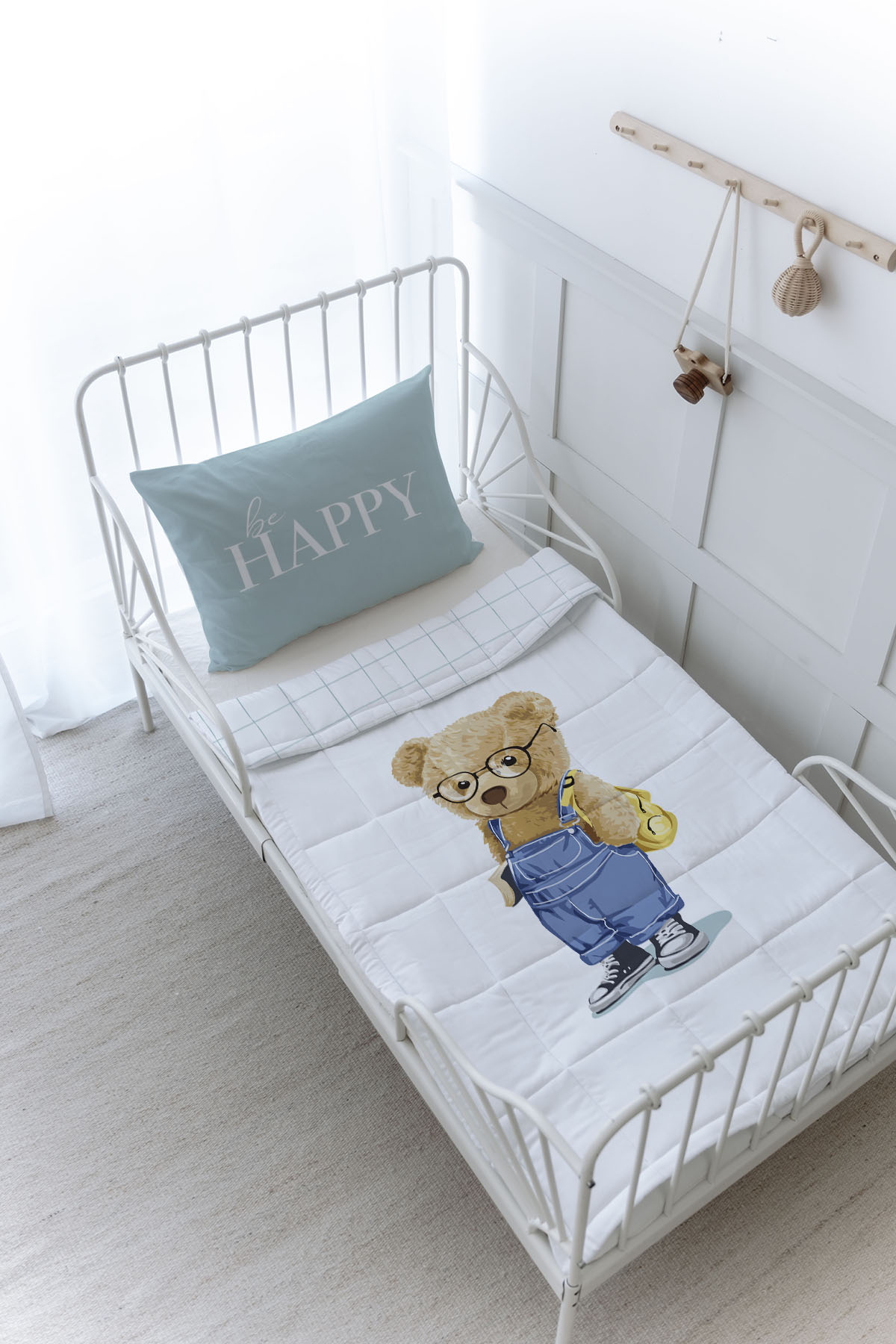 Organik Baskılı Yorgan Seti - Pure Baby Serisi - Salopetli Ayıcık