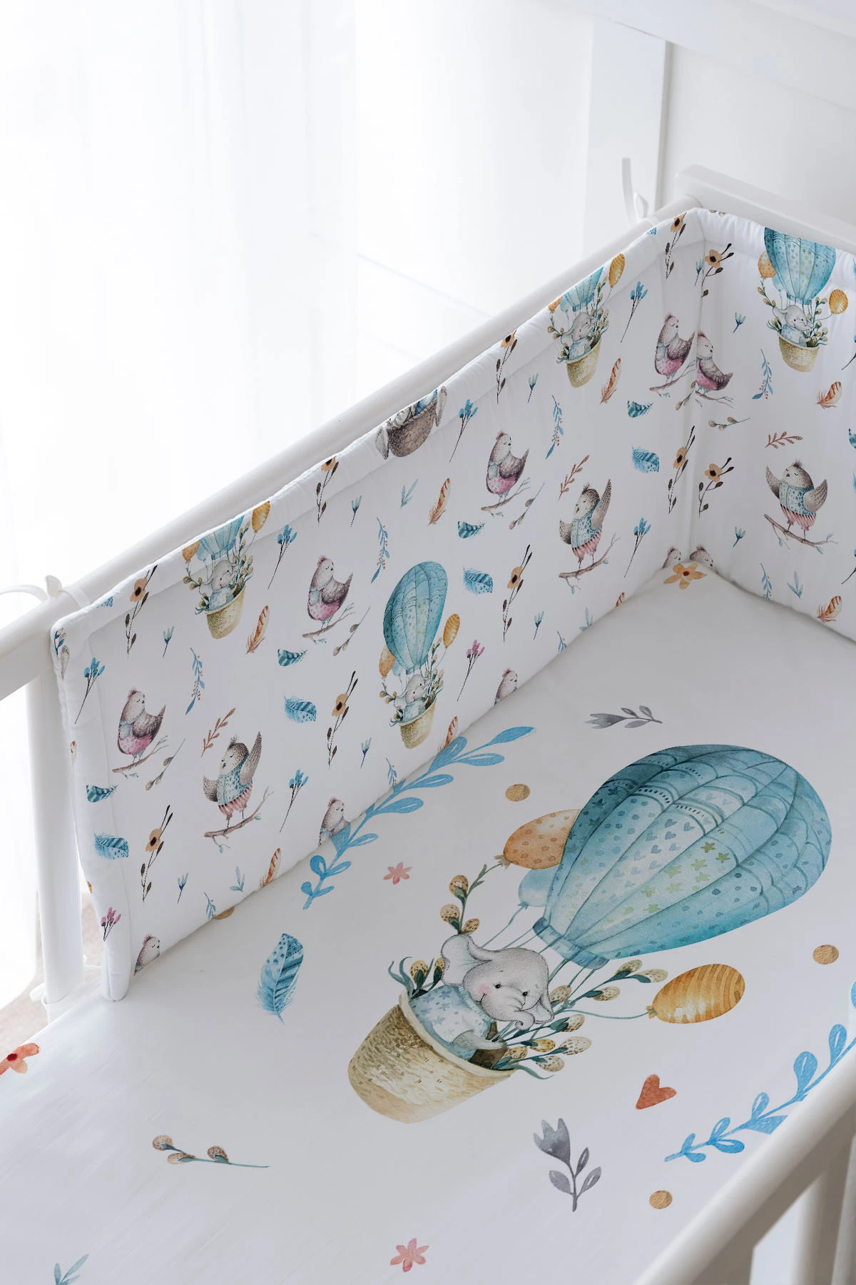 Bebek Başucu Koruyucu ve Baskılı Çarşaflı Uyku Seti - For Baby Serisi - Mavi Balonda Fil