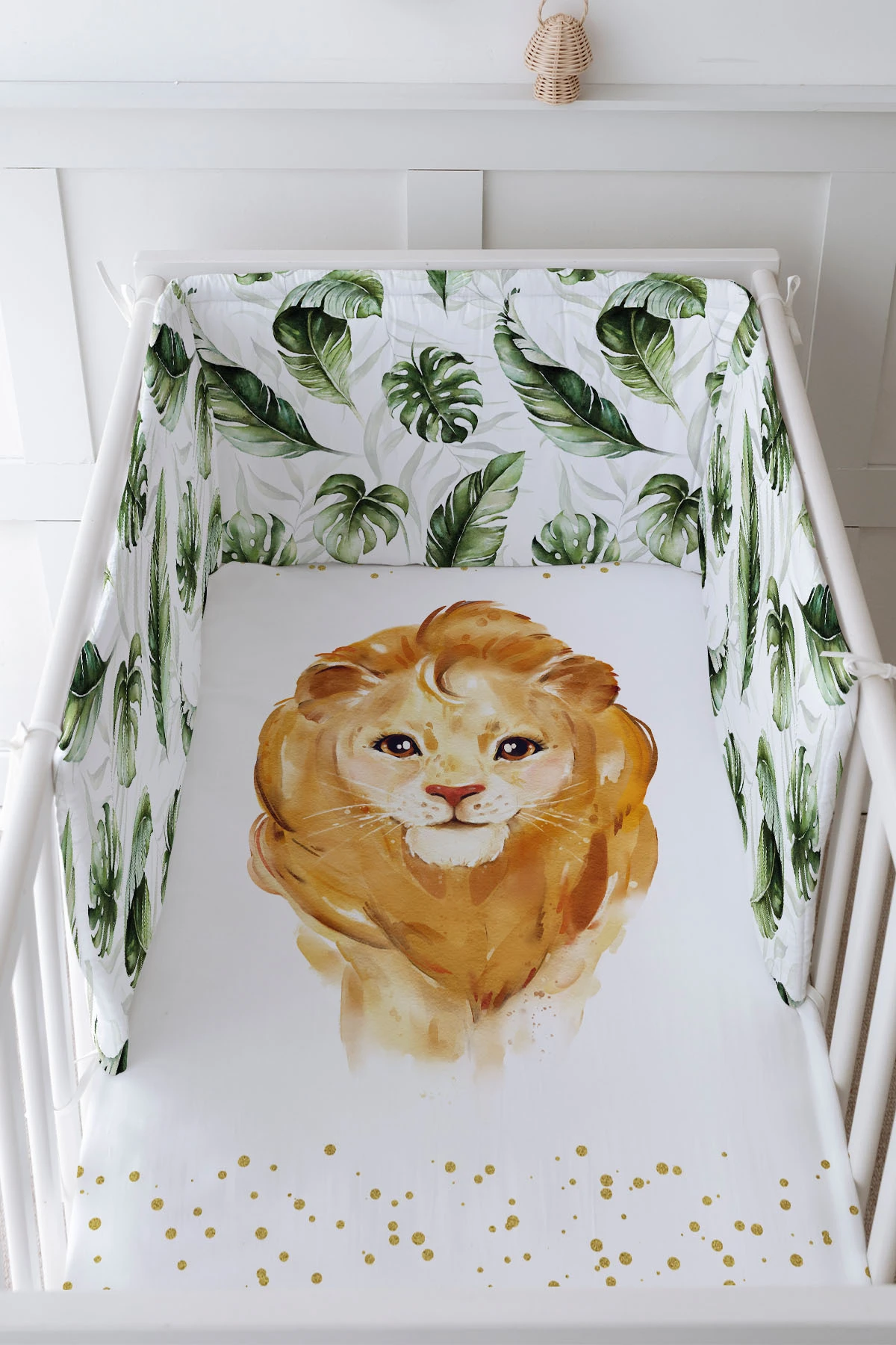 Bebek Başucu Koruyucu ve Baskılı Çarşaflı Uyku Seti - For Baby Serisi - Suluboya Aslan