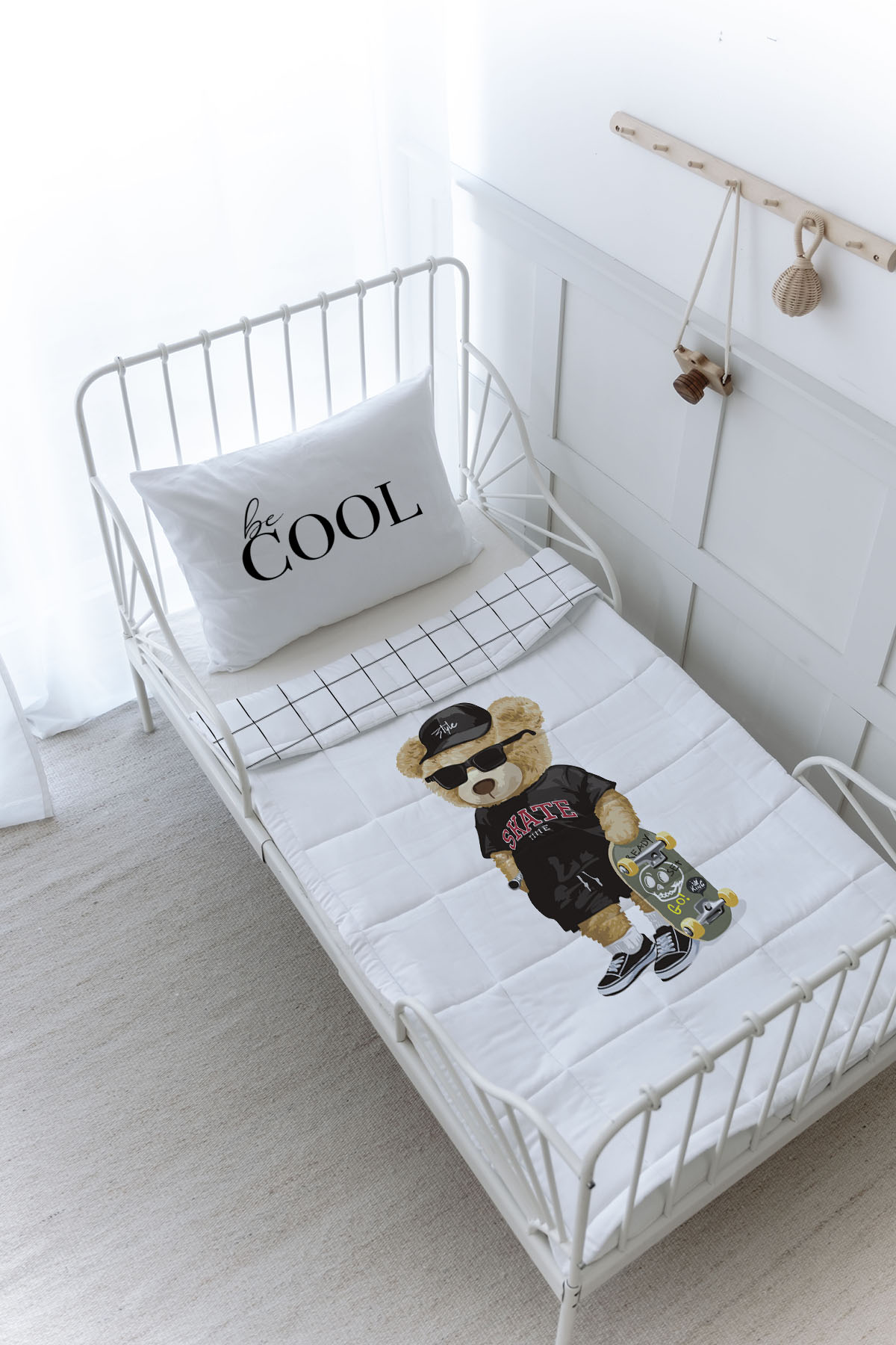 Organik Baskılı Yorgan Seti - Pure Baby Serisi - Kaykaylı Ayıcık