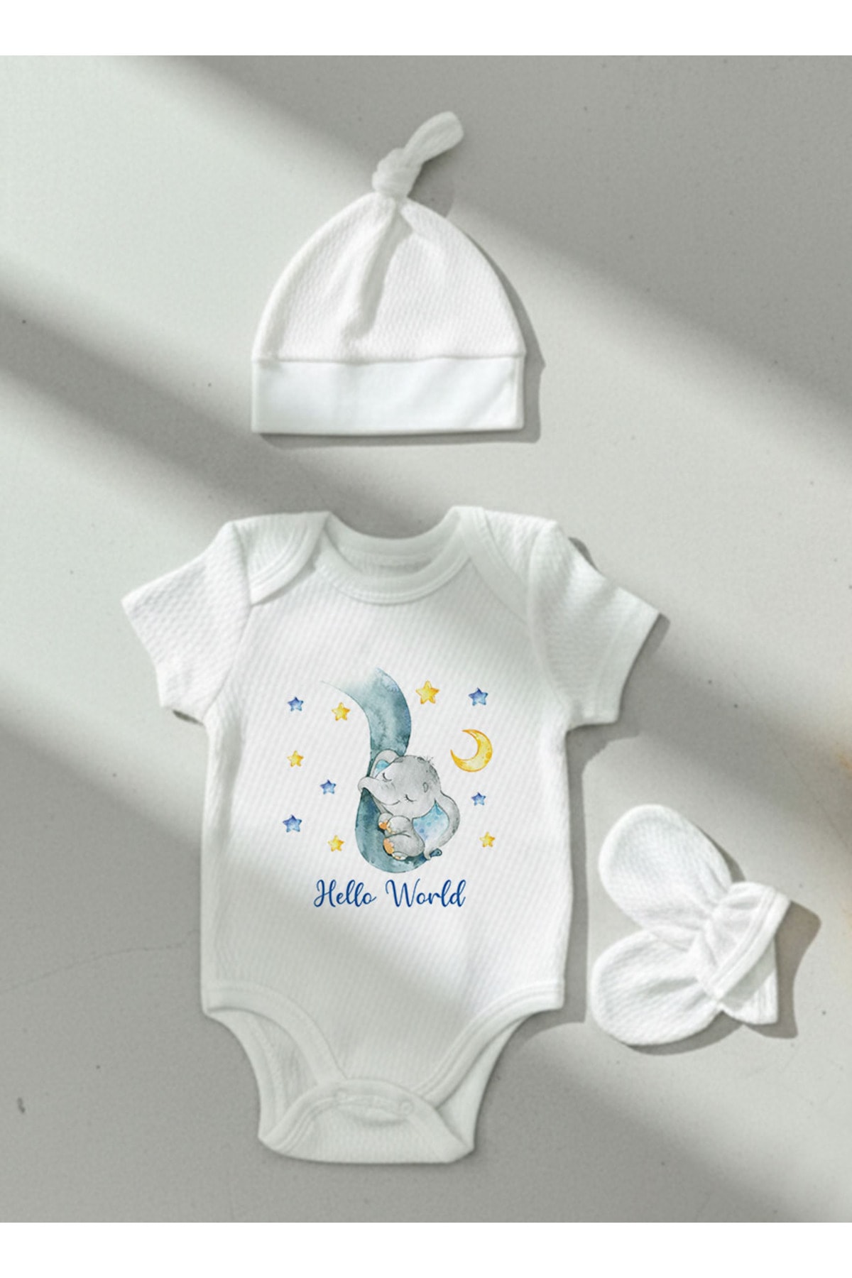 Jakarlı Body Şapka Eldiven - For Baby - Uyuyan Fil Mavi