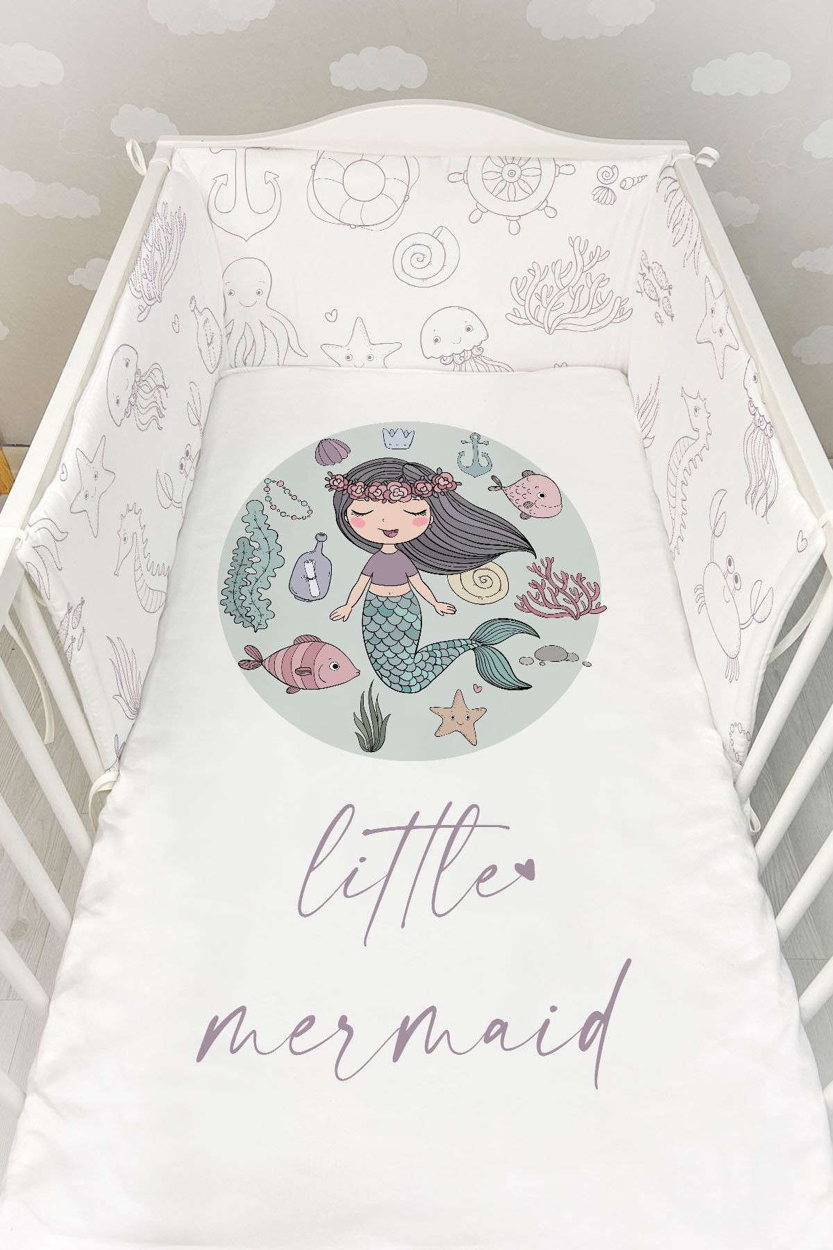 Bebek Başucu Koruyucu ve Baskılı Çarşaflı Uyku Seti - Pure Baby Serisi - Little Mermaid