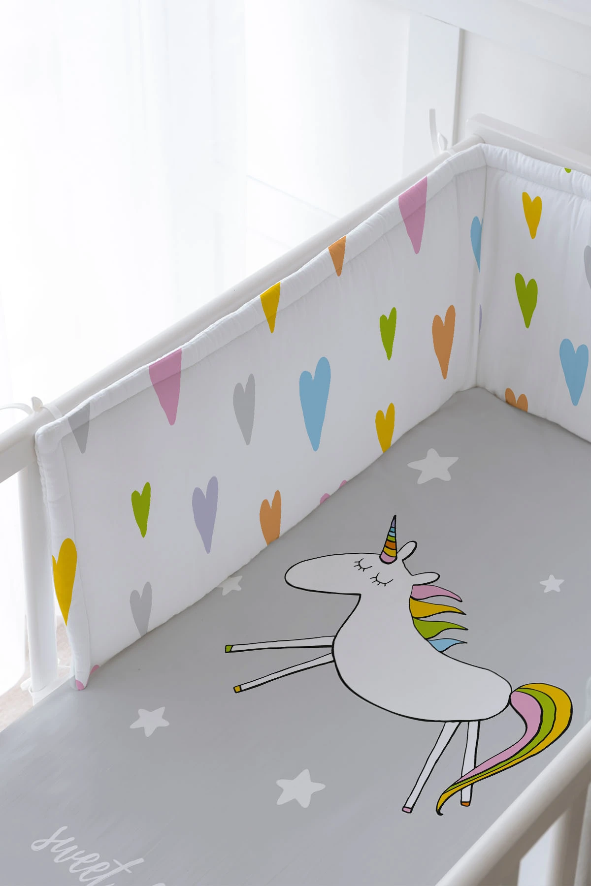 Bebek Başucu Koruyucu ve Baskılı Çarşaflı Uyku Seti - Pure Baby Serisi - Doodle Unicorn