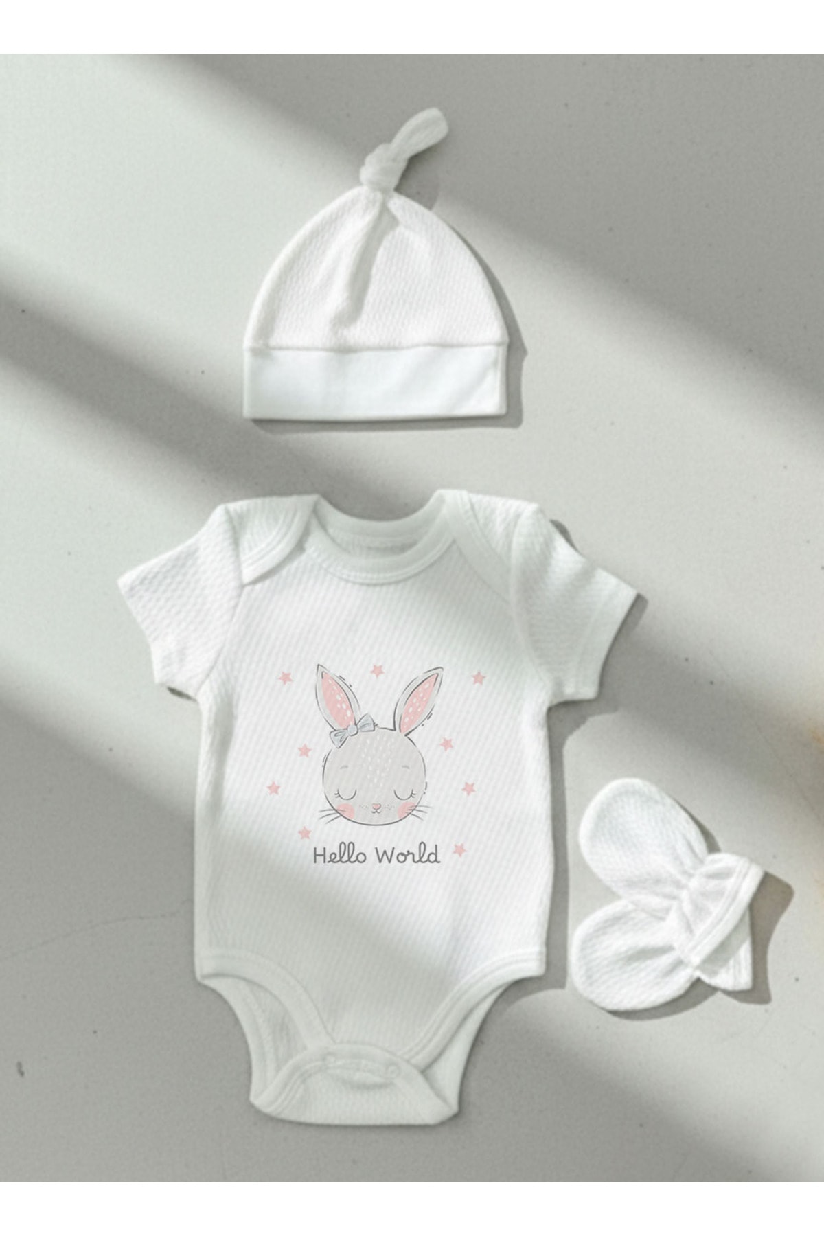 Jakarlı Body Şapka Eldiven - For Baby - Pembe Kulaklı Tavşan
