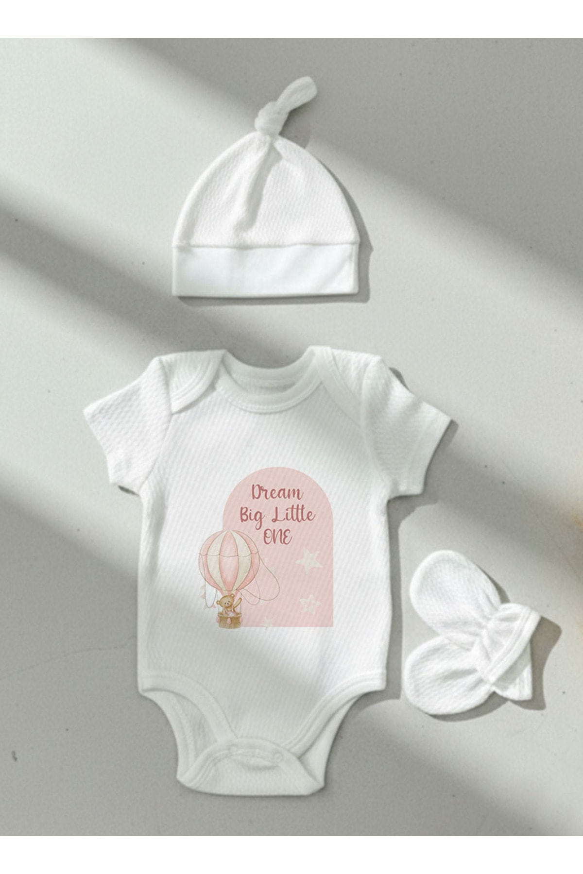 Jakarlı Body Şapka Eldiven - For Baby - Pembe Balonda Ayı