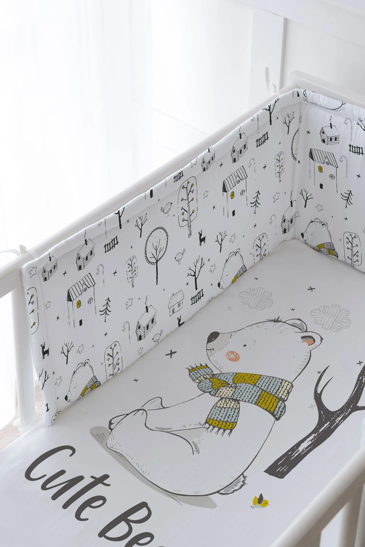 Bebek Başucu Koruyucu ve Baskılı Çarşaflı Uyku Seti - For Baby Serisi - Atkılı Kutup Ayısı