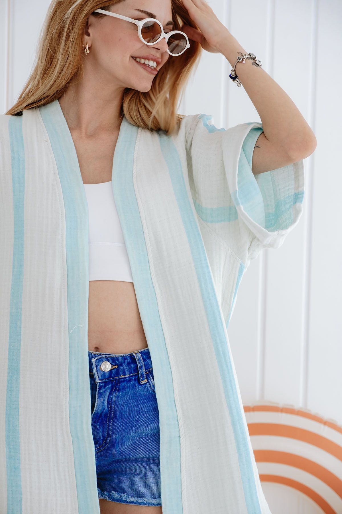 4 Kat Müslin Kimono - Mavi