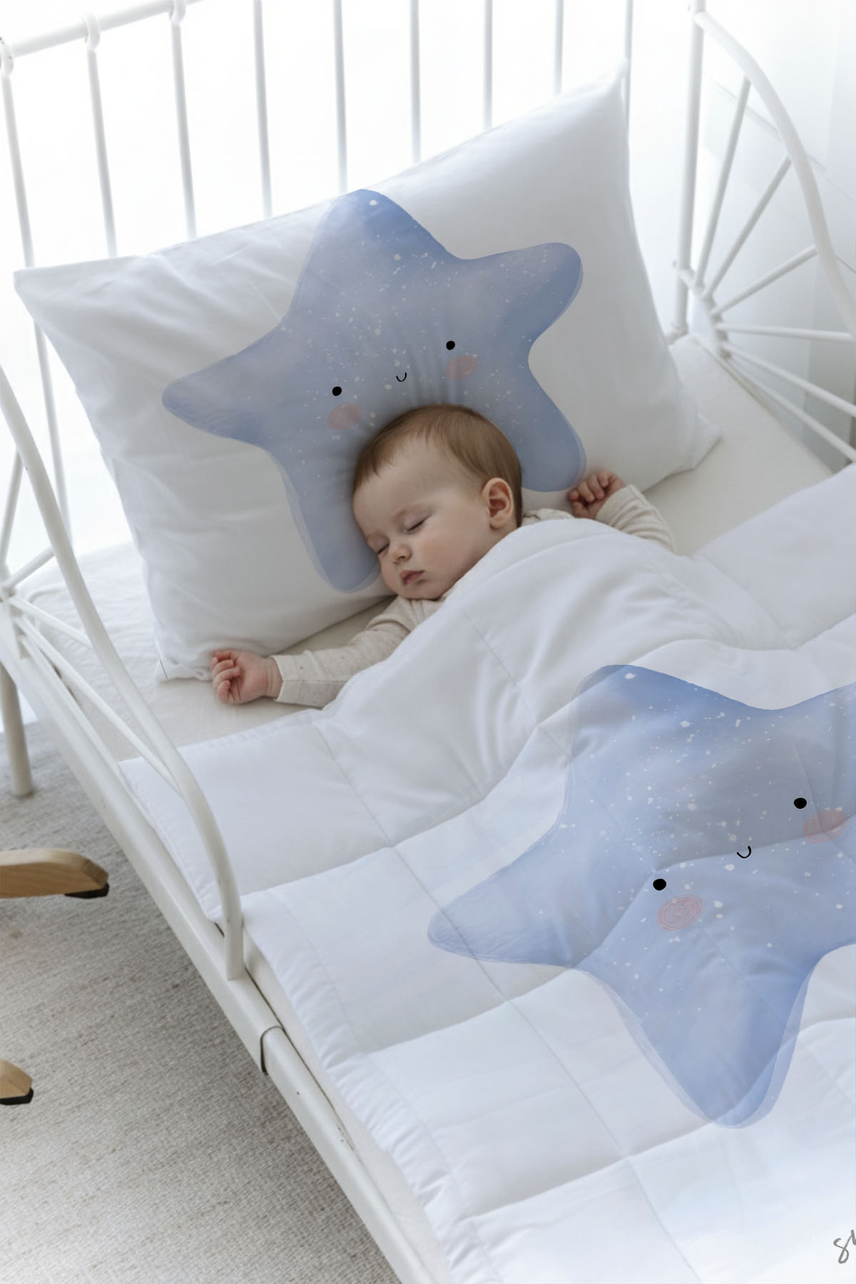 Organik Baskılı Yorgan Seti - Pure Baby Serisi - Pofuduk Mavi Yıldız
