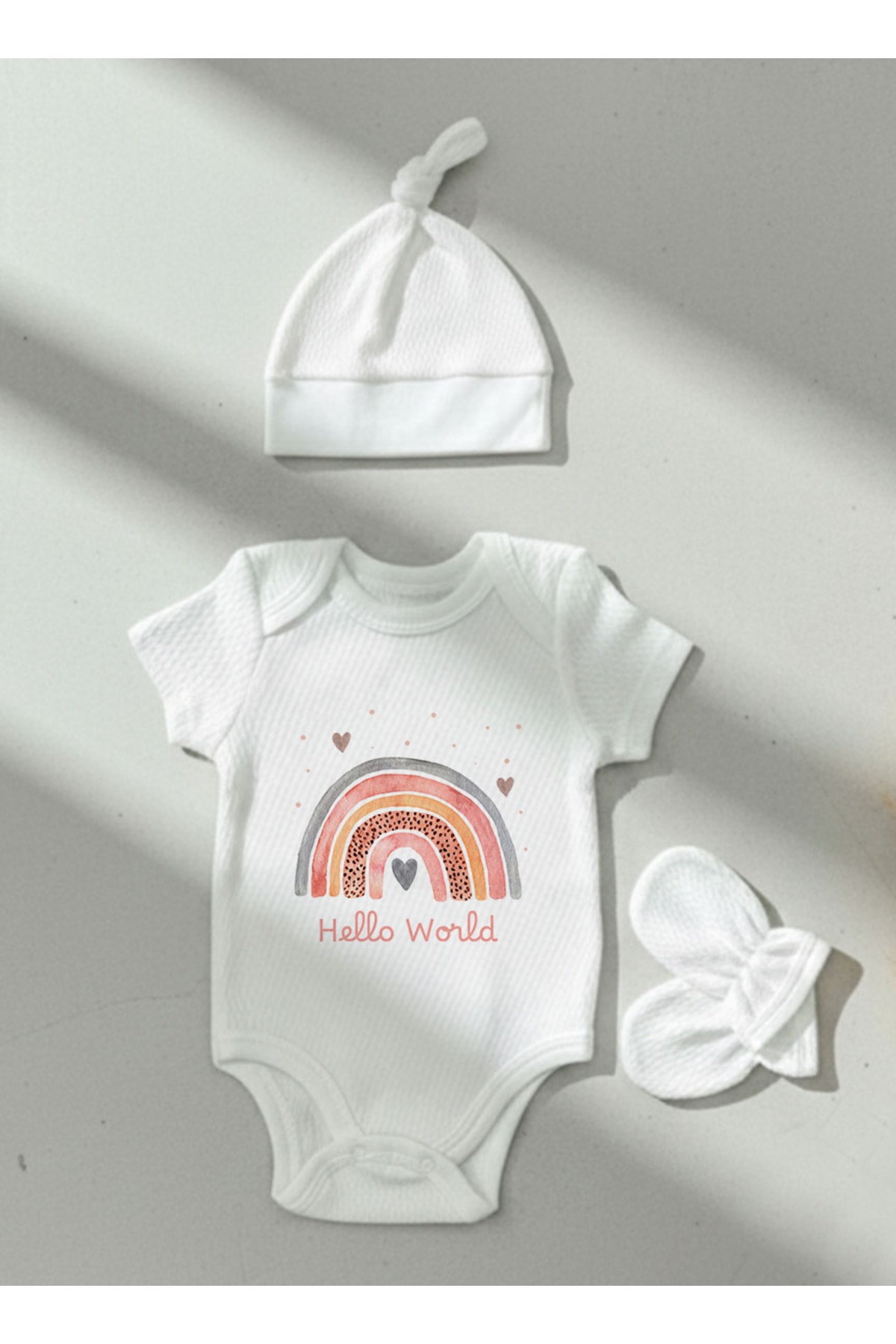 Jakarlı Body Şapka Eldiven - For Baby - Somon Gökkuşağı