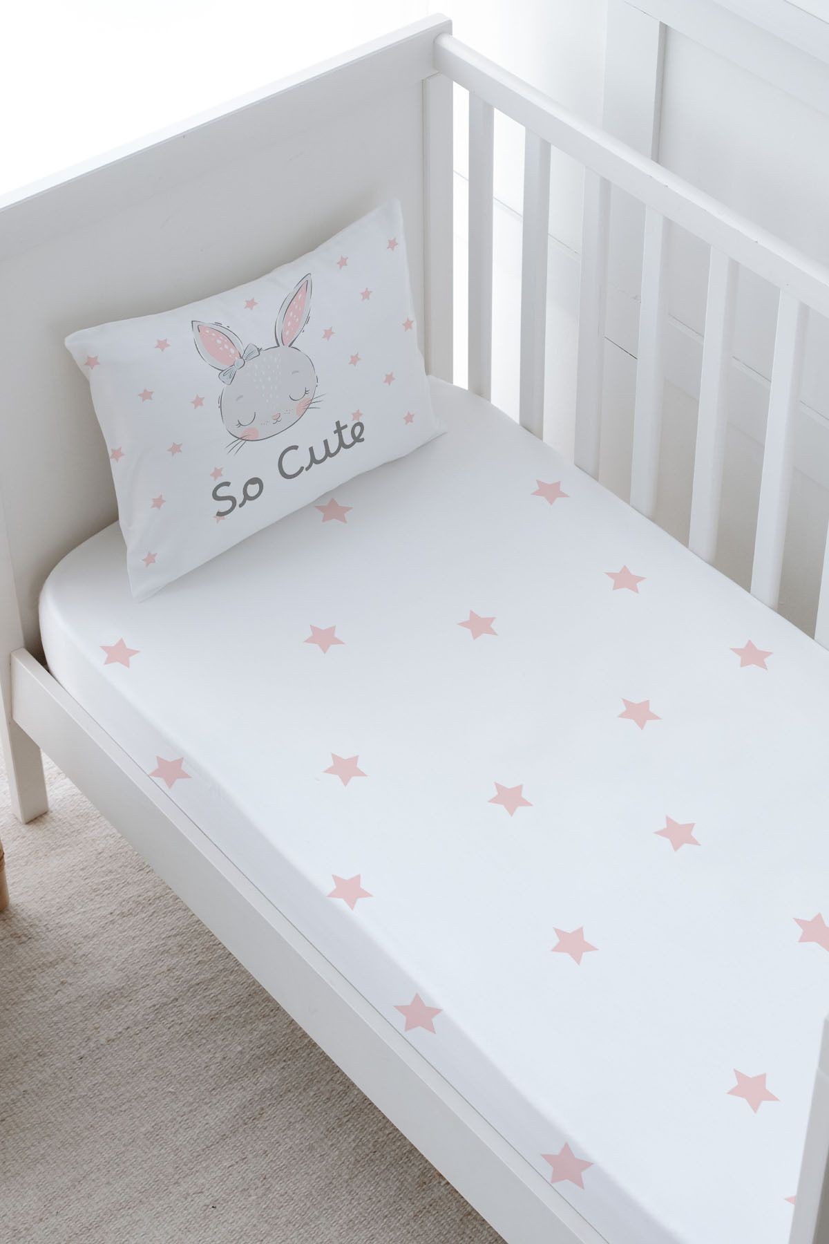 Bebek Boy Lastikli Çarşaf Seti - For Baby Serisi - Pembe Kulaklı Tavşan