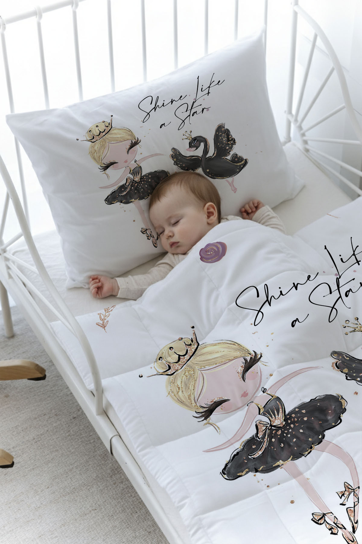 Organik Baskılı Yorgan Seti - For Baby Serisi - Siyah Tütülü Balerin ve Kuğu
