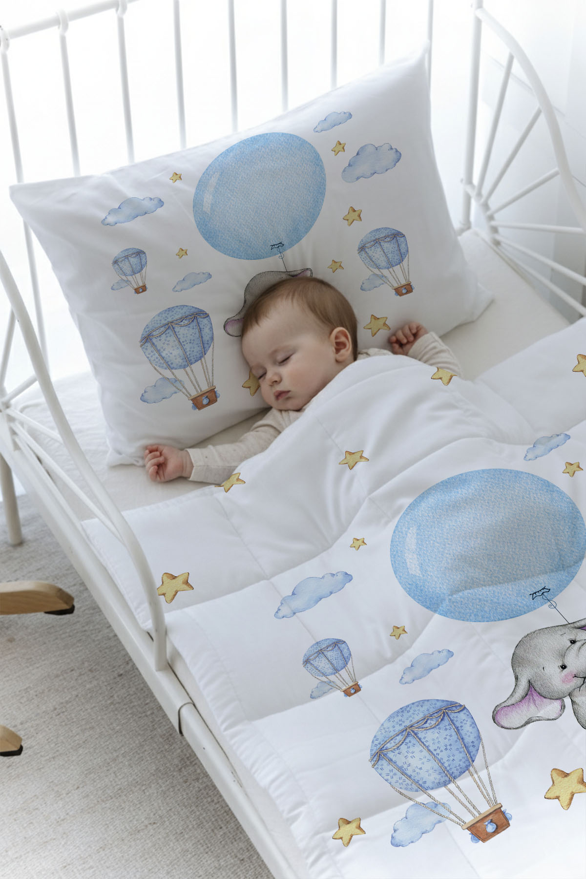 Organik Baskılı Yorgan Seti - For Baby Serisi - Mavi Büyük Balonlu Fil