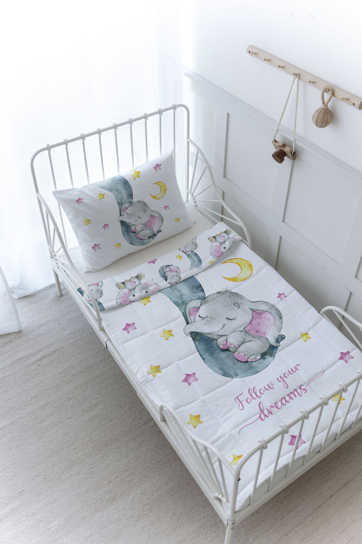 Organik Baskılı Yorgan Seti - For Baby Serisi - Hortumda Uyuyan Pembe Fil