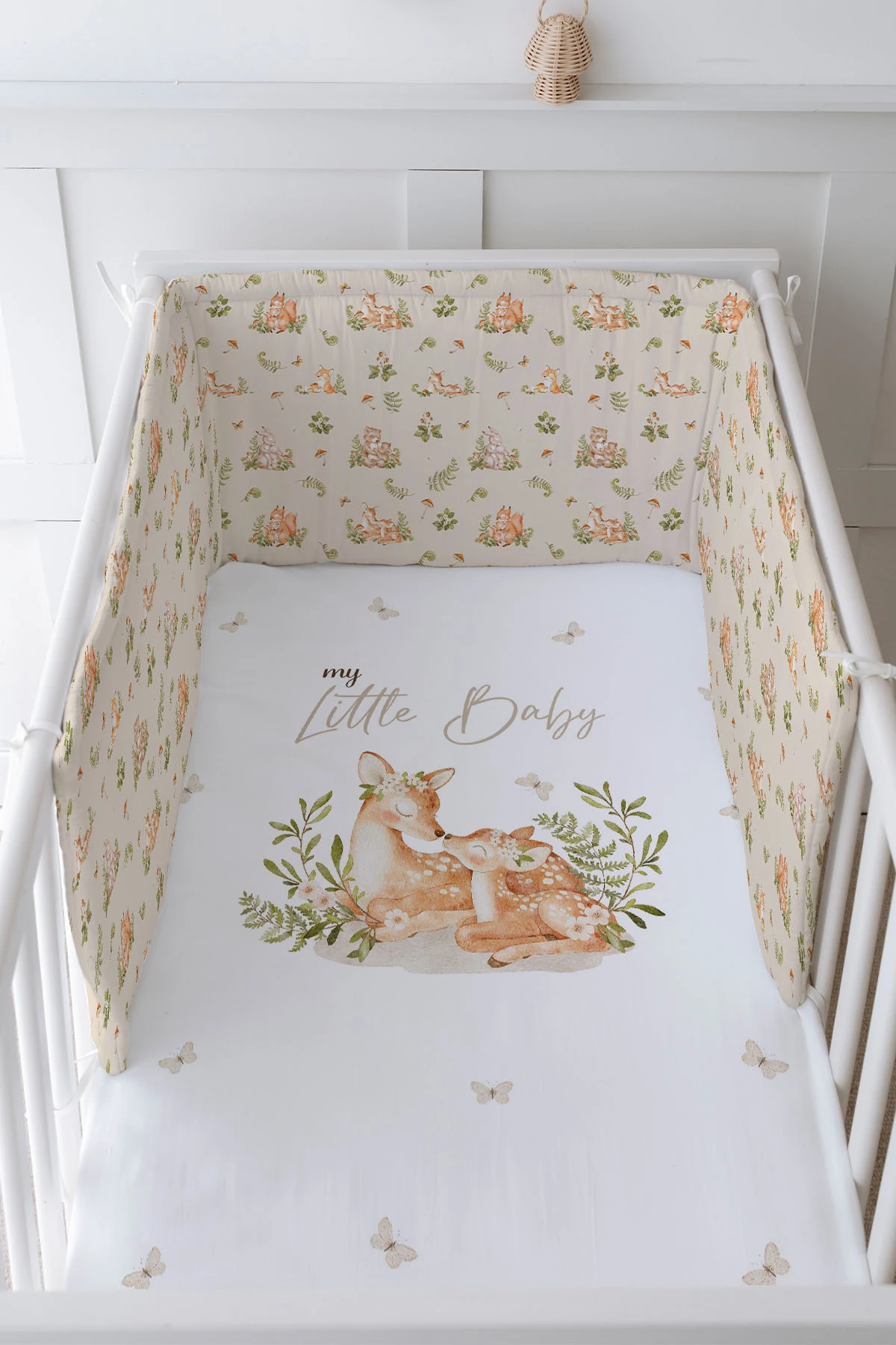 Bebek Başucu Koruyucu ve Baskılı Çarşaflı Uyku Seti - For Baby Serisi - Mom And Baby Deer