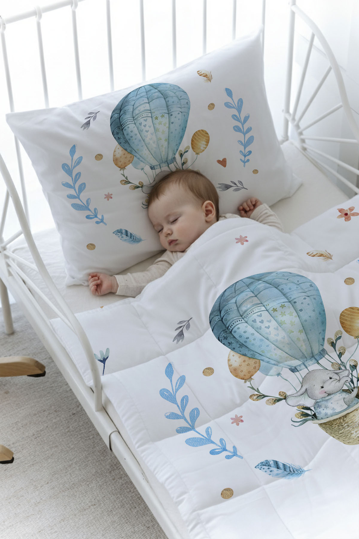 Organik Baskılı Yorgan Seti - For Baby Serisi - Mavi Balonda Fil