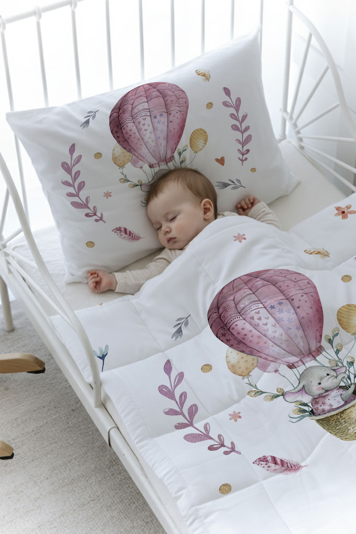 Organik Baskılı Yorgan Seti - For Baby Serisi - Pembe Balonda Fil