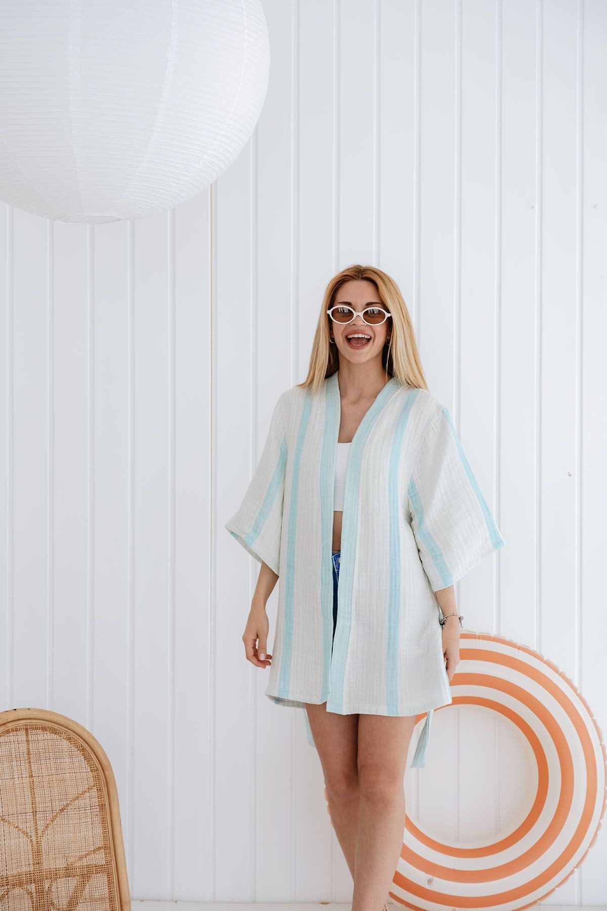 4 Kat Müslin Kimono - Mavi