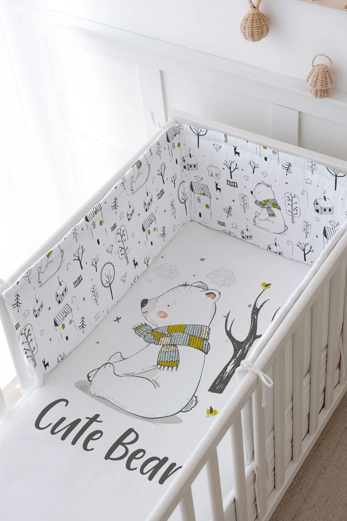 Bebek Başucu Koruyucu ve Baskılı Çarşaflı Uyku Seti - For Baby Serisi - Atkılı Kutup Ayısı