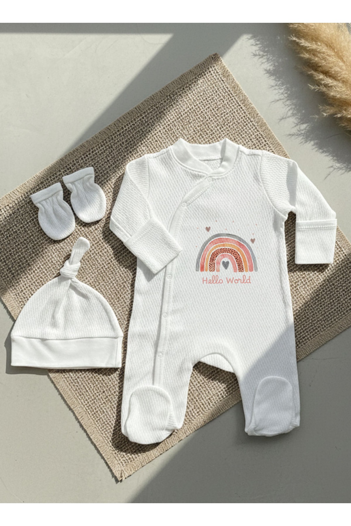 Jakarlı Tulum Şapka Eldiven - For Baby - Somon Gökkuşağı
