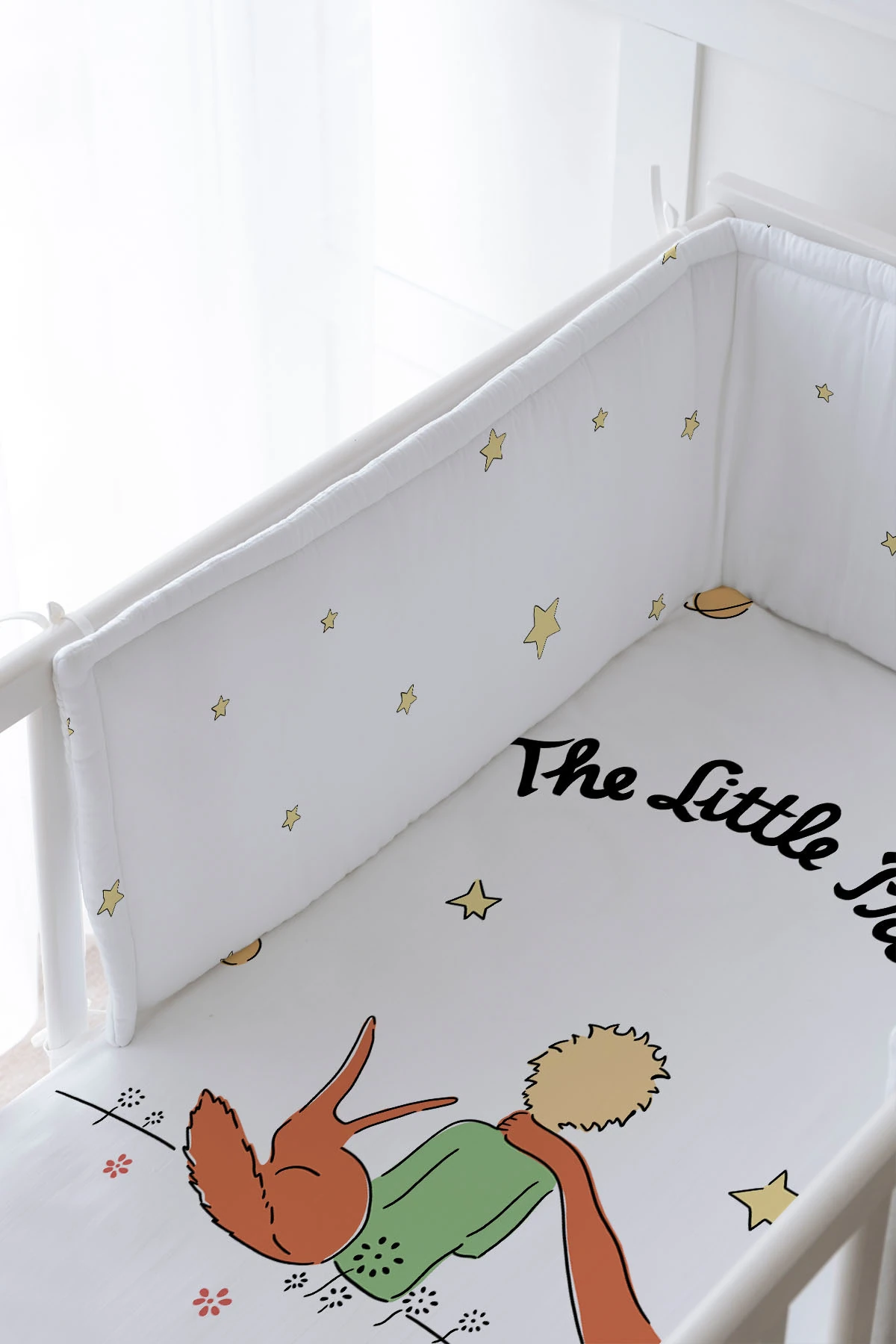 Bebek Başucu Koruyucu ve Baskılı Çarşaflı Uyku Seti - Pure Baby Serisi - Tilki Ve Küçük Prens