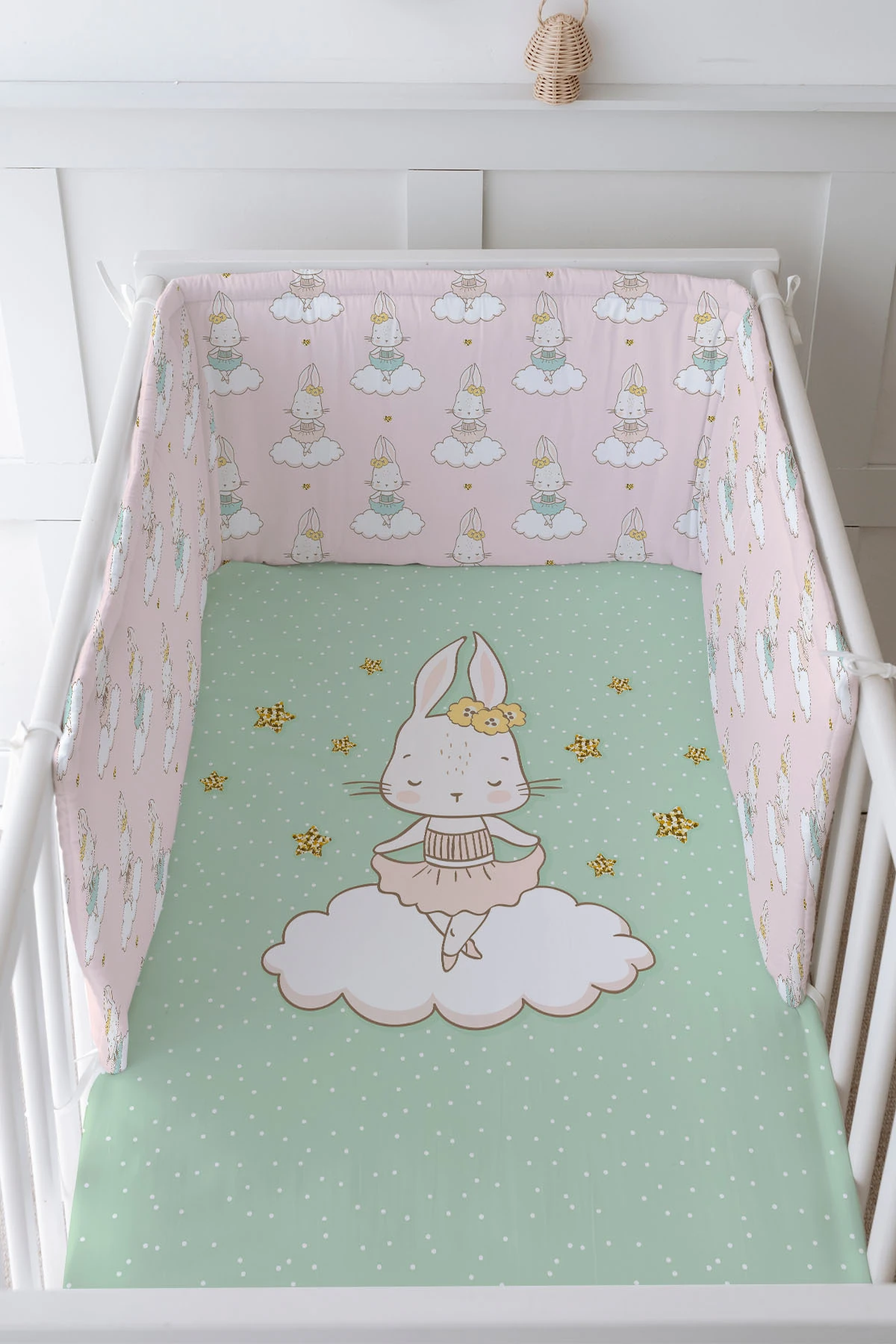 Bebek Başucu Koruyucu ve Baskılı Çarşaflı Uyku Seti - For Baby Serisi - Pembe Balerin Tavşan