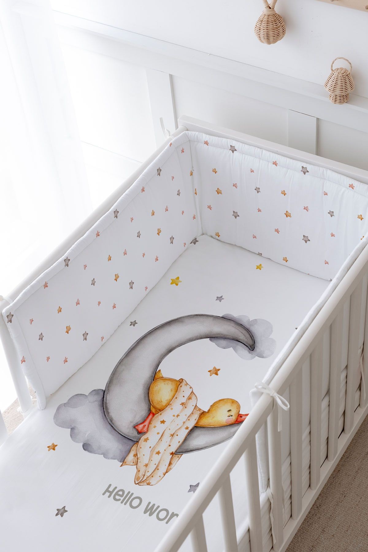 Bebek Başucu Koruyucu ve Baskılı Çarşaflı Uyku Seti - Pure Baby Serisi - Ayda Uyuyan Ördek