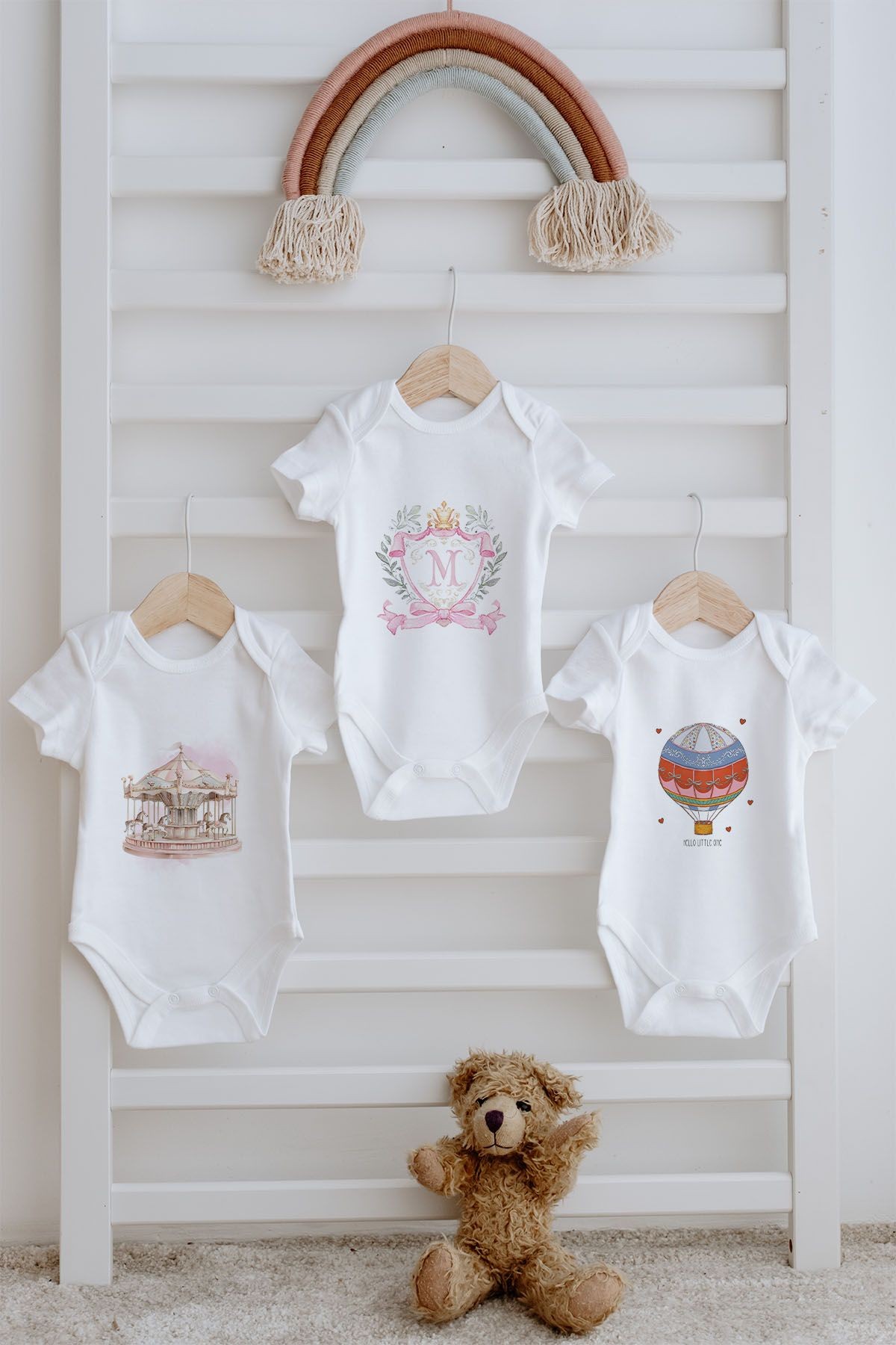 3'lü Bebek Body - Pink Royal Series  - M Harfi
