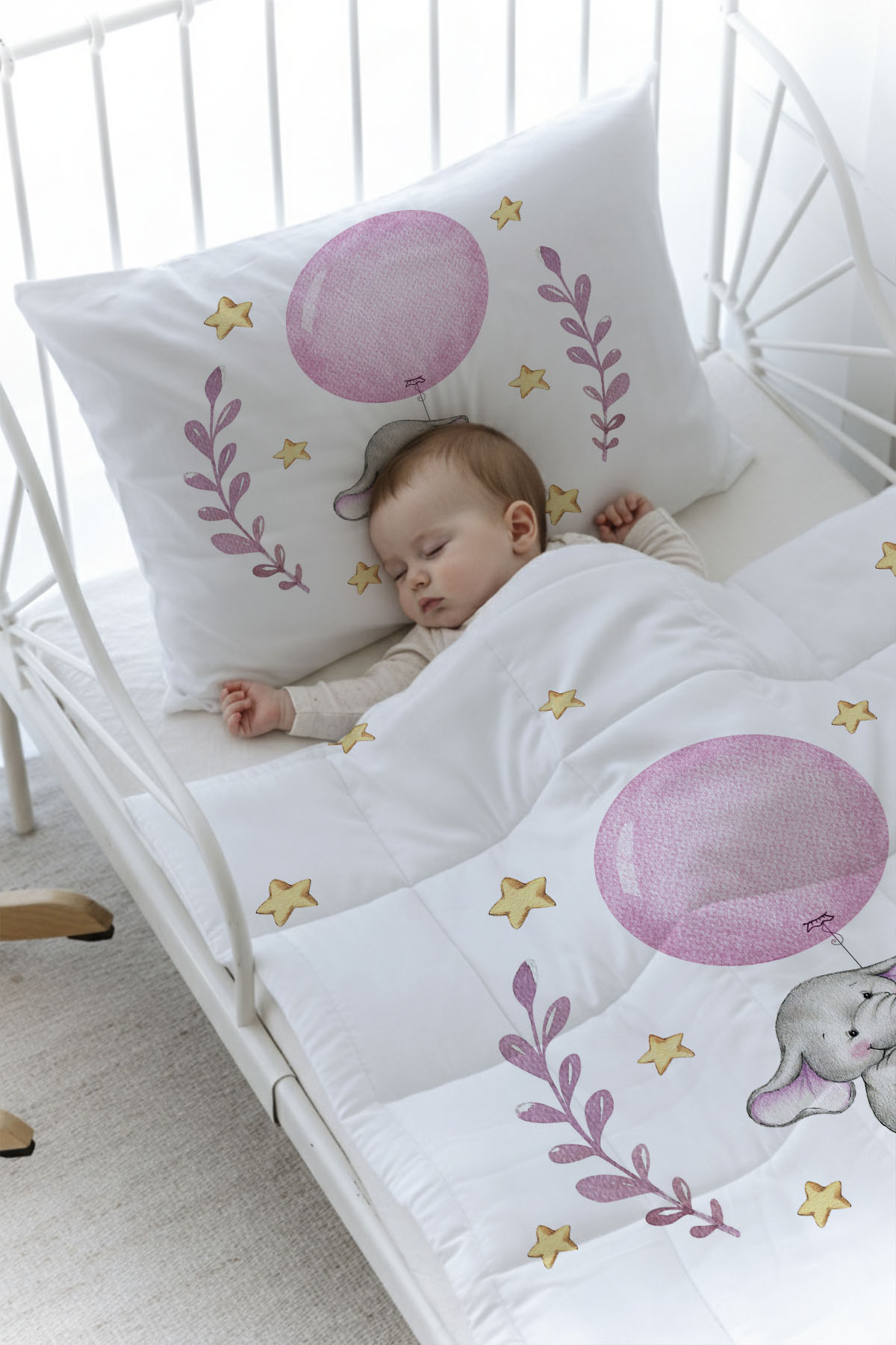 Organik Baskılı Yorgan Seti - For Baby Serisi - Pembe Büyük Balonlu Fil