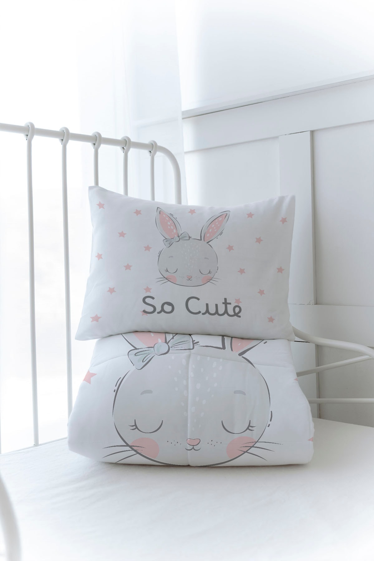 Organik Baskılı Yorgan Seti - For Baby Serisi - Pembe Kulaklı Tavşan