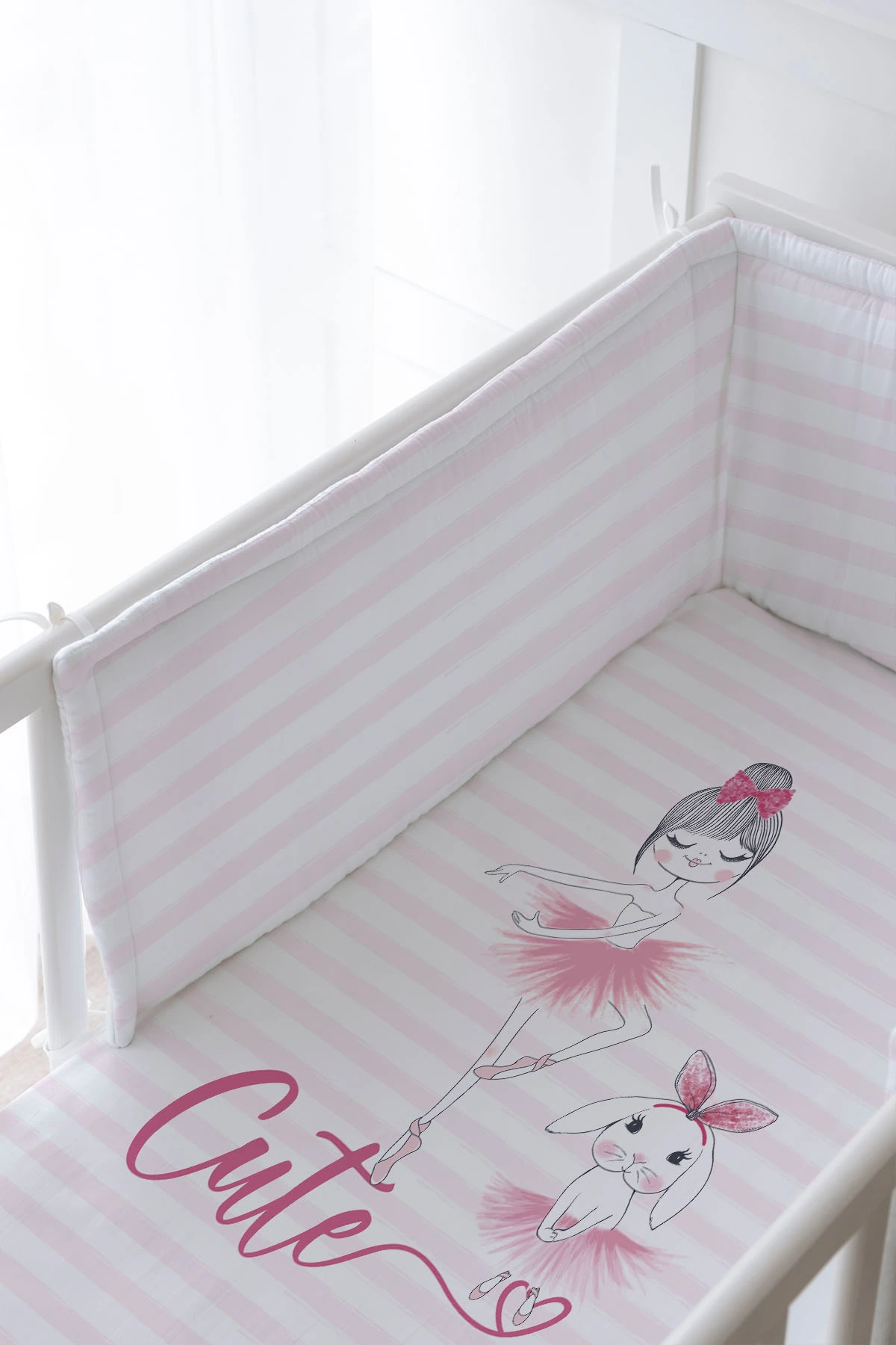 Bebek Başucu Koruyucu ve Baskılı Çarşaflı Uyku Seti - For Baby Serisi - Balerin Tavşan Ve Kız